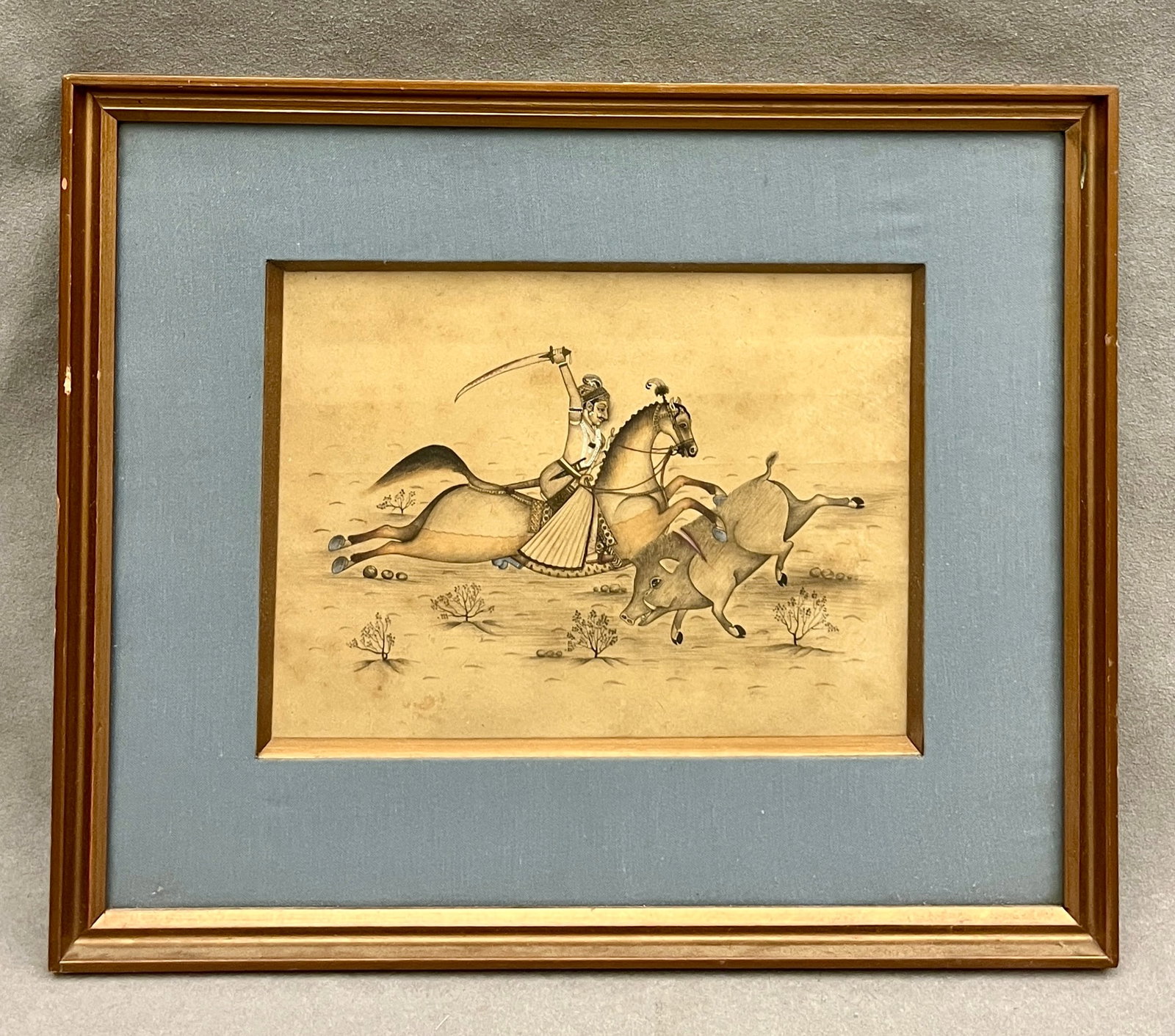 INDIAN SCHOOL MINIATURE PAINTING, ROYAL EQUESTRIAN BOAR HUNT SCENE 18th / 19th century - . (1 of 5)