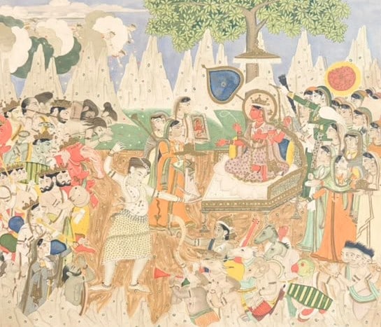 DEVOTEES AND DEITAS WORSHIPPING DEVI TRIPURA SUNDARI late 18th / early 19th century - Drawing: 8 x: DEVOTEES AND DEITAS WORSHIPPING DEVI TRIPURA SUNDARI late 18th / early 19th century Exquisitely executed traditional Indian miniature drawing (likely Pahari or Rajasthan school), this vibrant work dep