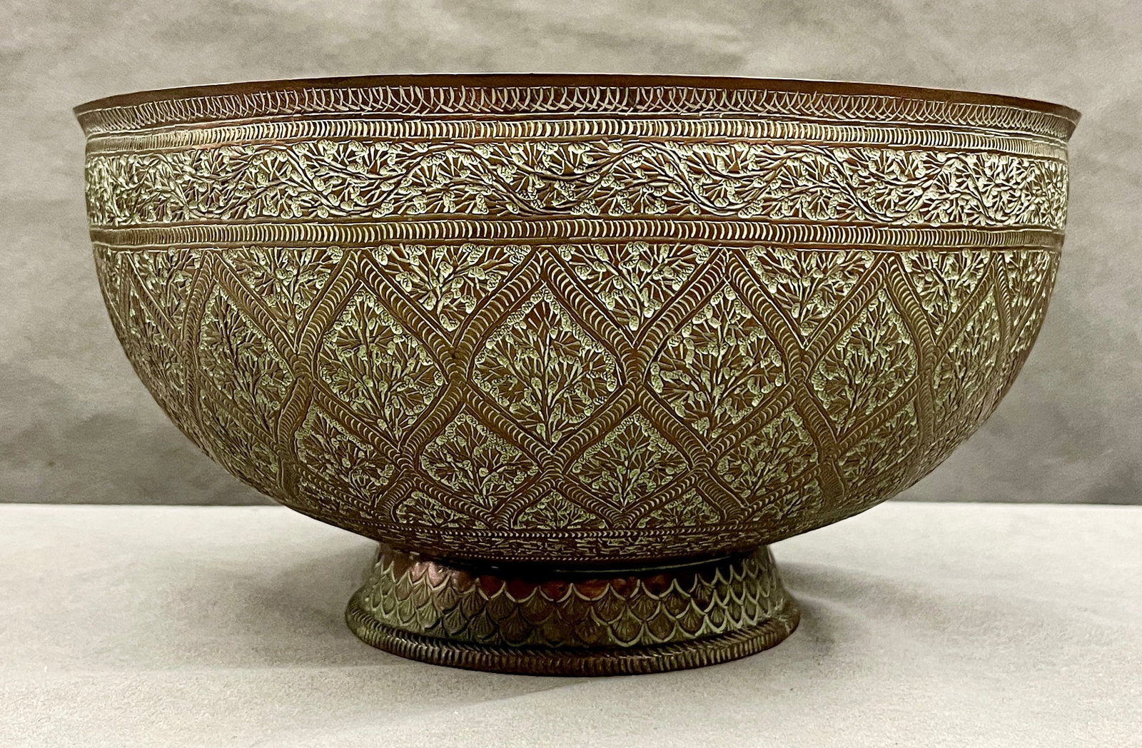 PAKISTANI ENGRAVED HEAVY COPPER FOOTED CENTERPIECE BOWL - Diameter: 10 inches; height: 5.5 inches. (1 of 6)