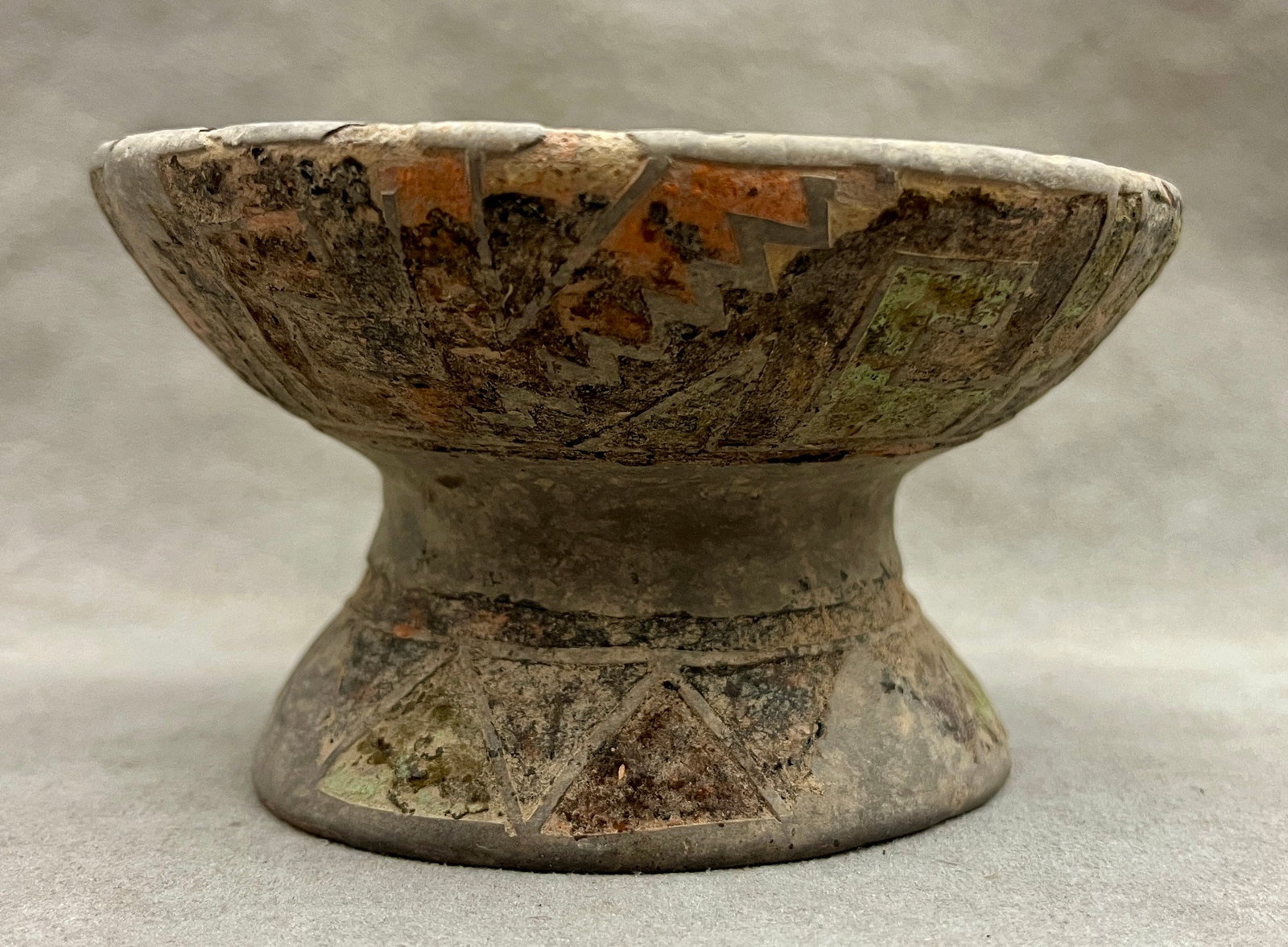 PRE-COLUMBIAN POLYCHROME PEDESTAL BOWL WITH GEOMETRIC DESIGN - Height: 2.75 inches; diameter: 4.5 (1 of 8)