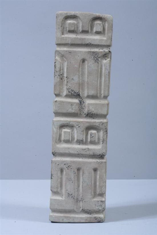 VALDIVIA SIX-SIDE CARVED SANDSTONE MONOLITH IDOL (Ecuador) 2300-2000 B.C. - 12 in. high..: VALDIVIA SIX-SIDE CARVED SANDSTONE MONOLITH IDOL (Ecuador) 2300-2000 B.C. This cubic-form idol is carved with a remarkably well-balanced geometry, its four large vertical sides each bearing double ido