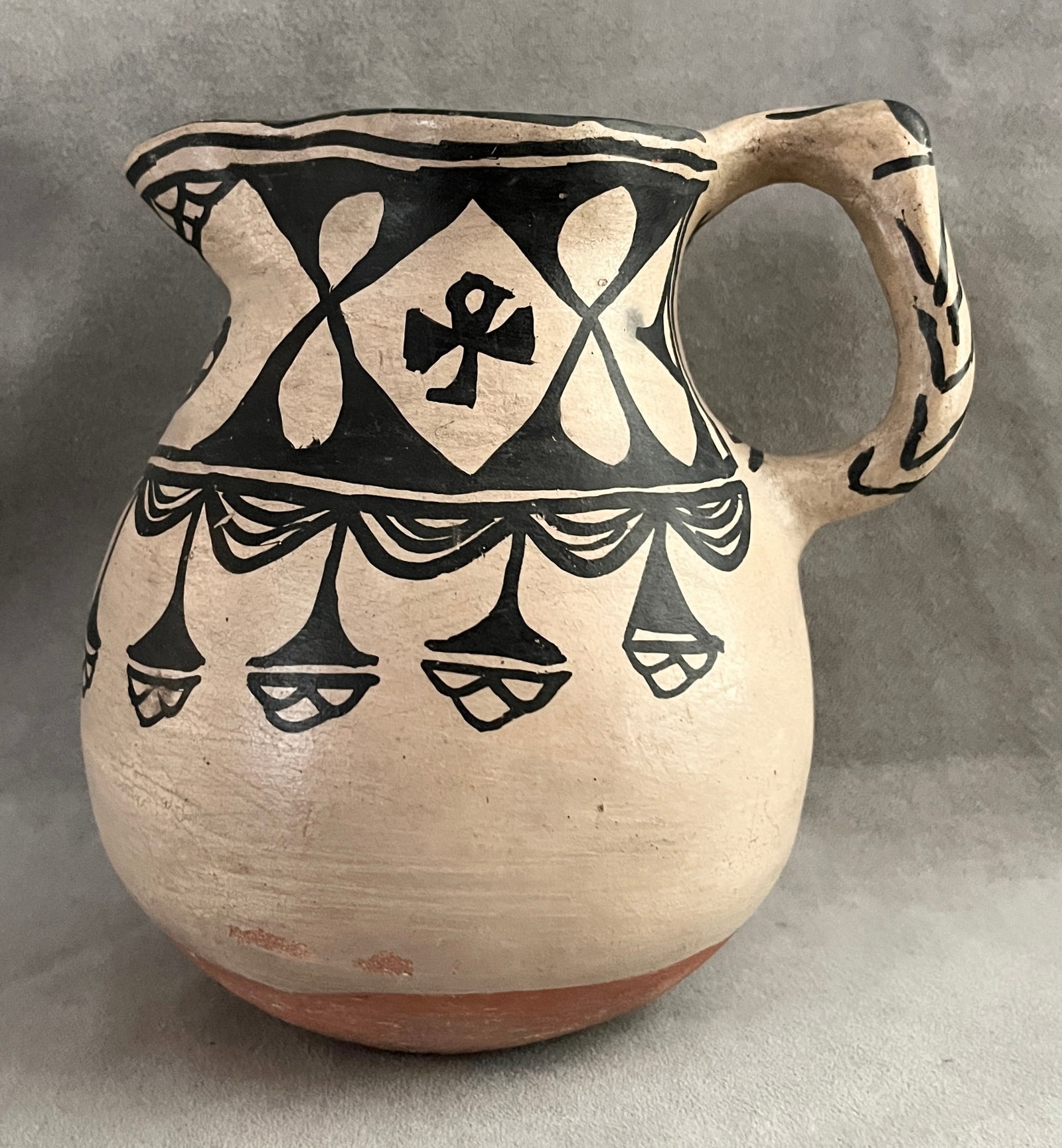 PUEBLO-STYLE HAND-PAINTED CERAMIC PITCHER WITH GEOMETRIC MOTIFS - Height: 8 inches. (1 of 8)