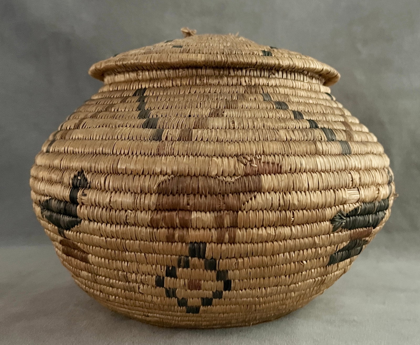 NATIVE AMERICAN COILED LIDDED BASKET WITH BIRD AND GEOMETRIC DESIGN - height (approx.): 8 inches; (1 of 6)