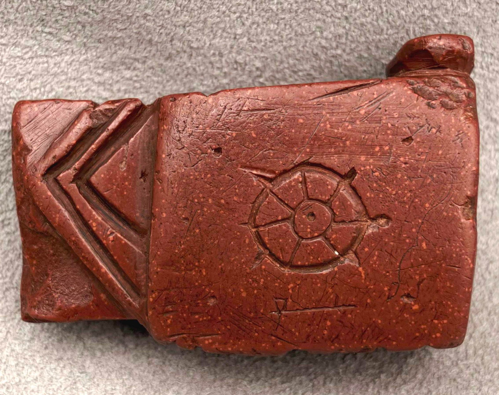 NATIVE AMERICAN WAR PIPE CARVED WITH SYMBOLS OF FIGURE HOLDING A TOMAHAWK, LIGHTNING, TURTLE, BIRD, (1 of 4)