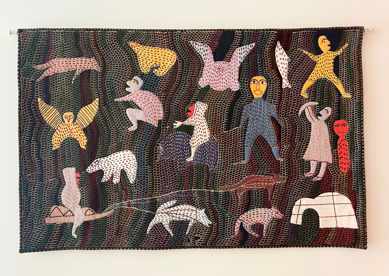 INUIT HAND-APPLIQUED AND EMBROIDERED TEXTILE WALL HANGING (NIVINGAJULIAT) - 57 x 38 inches. (1 of 8)
