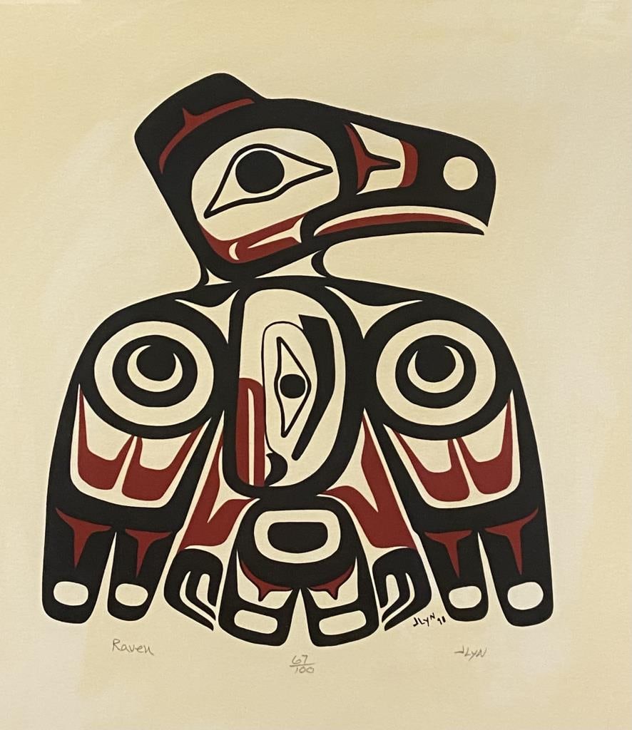 JENNY LYN SMITH, (American / Alaskan 20th century). RAVEN, lithograph: JENNY LYN SMITH American / Alaskan, 20th century RAVEN lithograph Limited edition numbered 67 from and edition of 100. Pencil numbered and signed. Framed. Not examined out frame. ARTIST PROFI