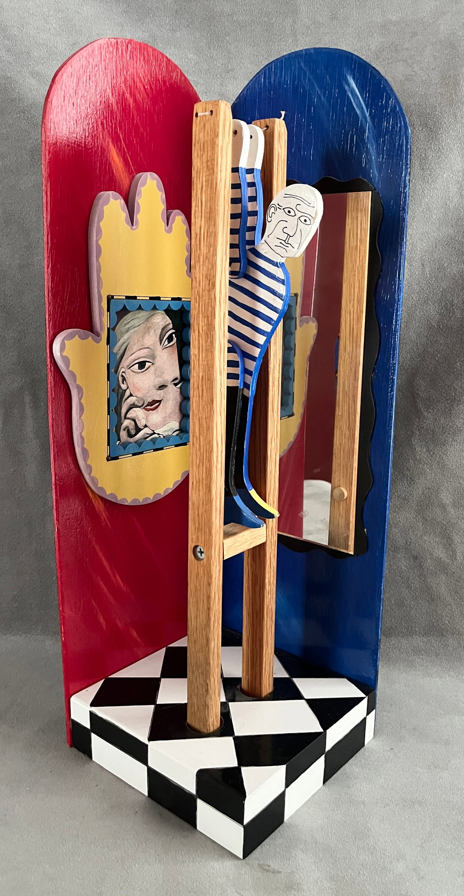 AMERICAN SCHOOL (20th century). Polychrome Mixed-Media Kinetic Sculpture Inspired by Picasso, 2003,: AMERICAN SCHOOL 20th century Polychrome Mixed-Media Kinetic Sculpture Inspired by Picasso, 2003 Mixed media Vibrant Surrealist-inspired mixed-media kinetic sculpture features a jointed, striped figure