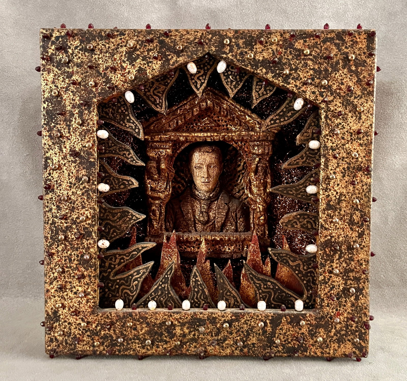 RICHARD CLEAVER (American, born 1952). Architectural Shrine Box with Sculpted Male Bust, 1999, Mixed: RICHARD CLEAVER American,, born 1952 Architectural Shrine Box with Sculpted Male Bust, 1999 Mixed media An intricate shadowbox shrine that features a sculpted portrait bust of a male figure framed wit