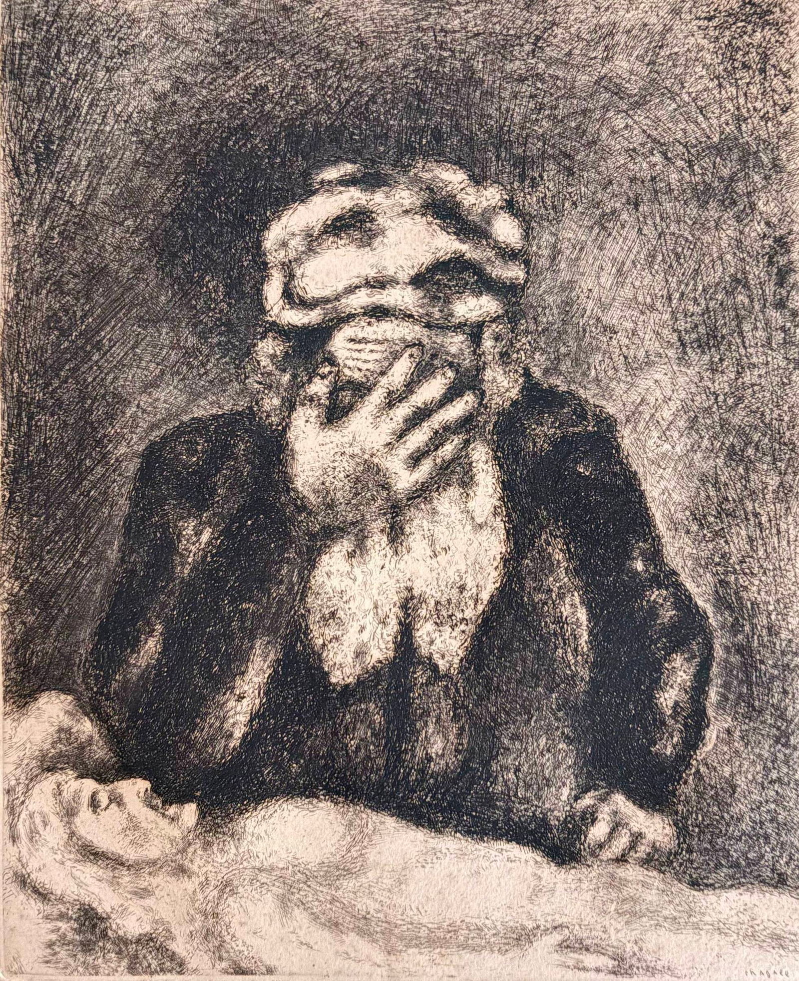 MARC CHAGALL (French / Russian, 1887-1985). Abraham Weeping for Sarah (Abraham pleurant Sara), circa: MARC CHAGALL French / Russian, 1887-1985 Abraham Weeping for Sarah (Abraham pleurant Sara), circa 1956 Unframed. Undated. Pencil and plate signed lower right. A heavily worked etching in Chagall's exp