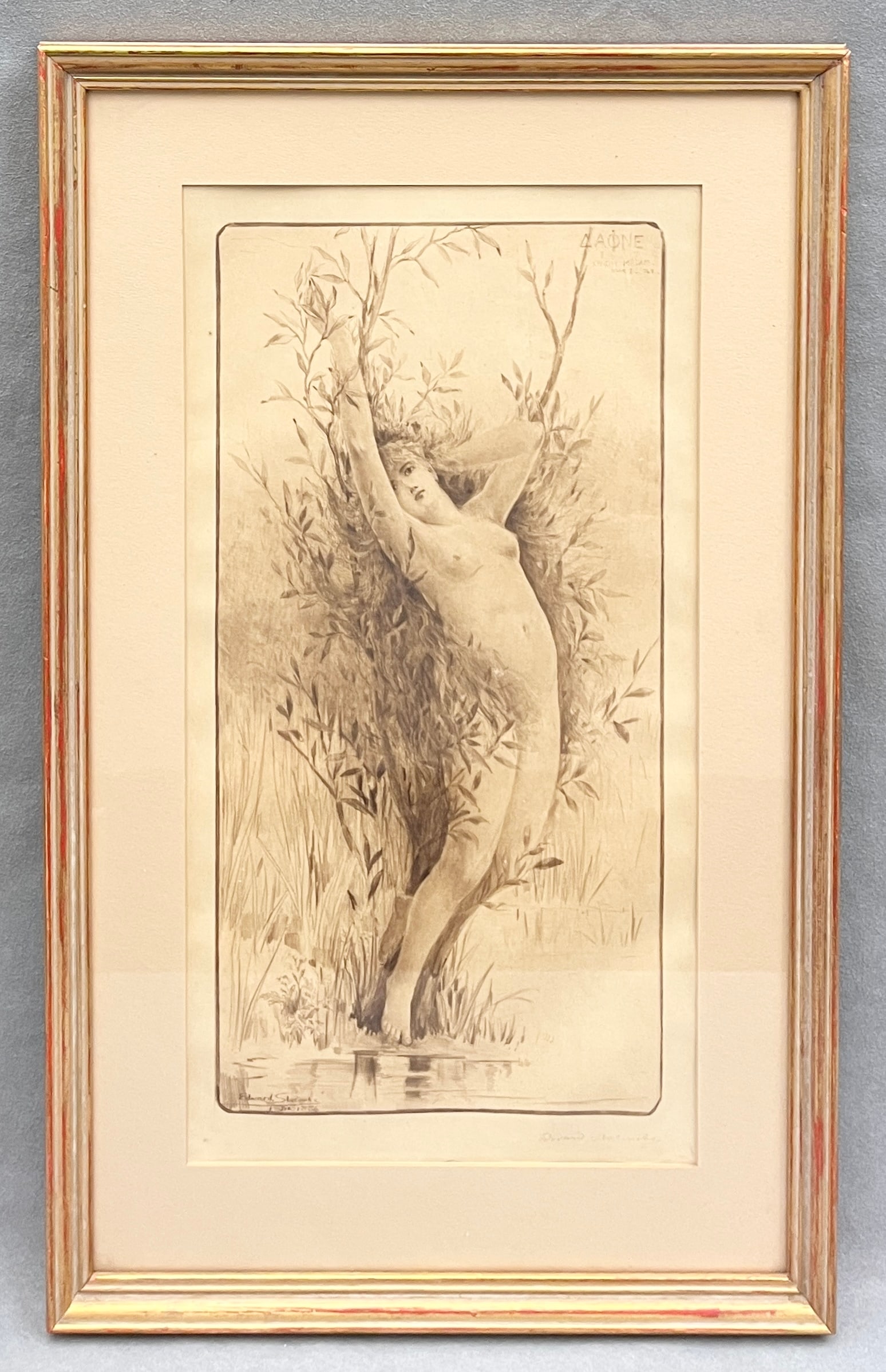 EDWARD C. SLOCOMBE (British, 1850 - 1915). Daphne, 1884, mezzotint / engraving, Sight (as matted):: EDWARD C. SLOCOMBE British, 1850 - 1915 Daphne, 1884 mezzotint / engraving Engraved artwork depicting the mythological nymph from Ovid's Metamorphoses at the moment of her transformation into a laurel