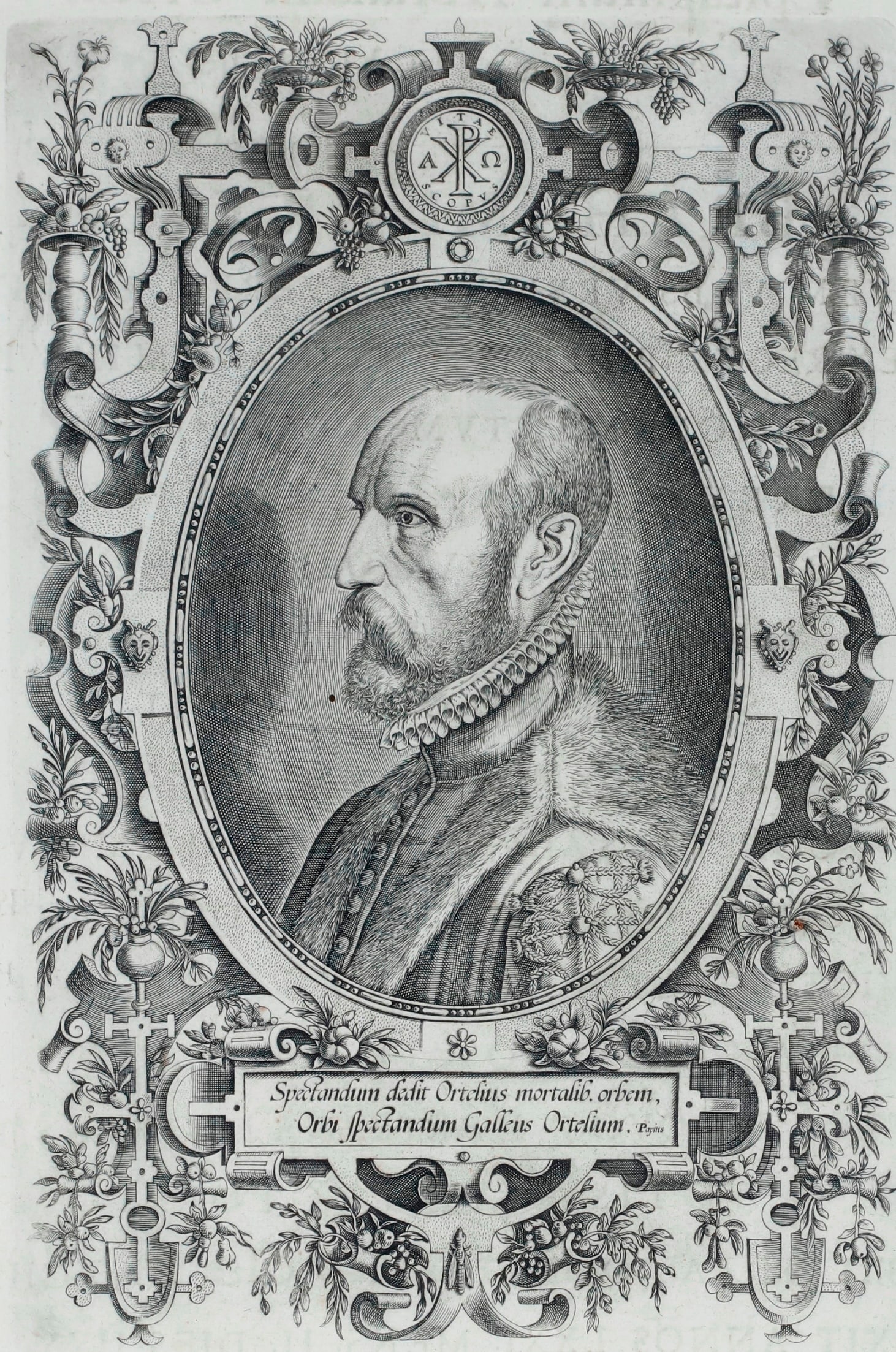 PORTRAIT OF ABRAHAM ORTELIUS: ENGRAVING BY PHILIPPE GALLE circa 1579 - Sight: 17.5 x 11 inches;: PORTRAIT OF ABRAHAM ORTELIUS: ENGRAVING BY PHILIPPE GALLE circa 1579 This finely engraved oval portrait depicts the Flemish geographer and cartographer Abraham Ortelius (1527?1598), creator of the The