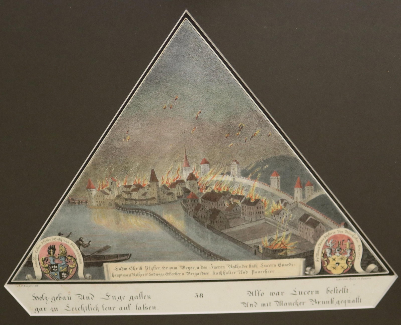 THE GREAT CONFLAGRATION OF LUCERNE AS DEPICTED ON A KAPELLBRUCKE PANEL; HAND-COLORED LITHOGRAPH FROM (1 of 8)