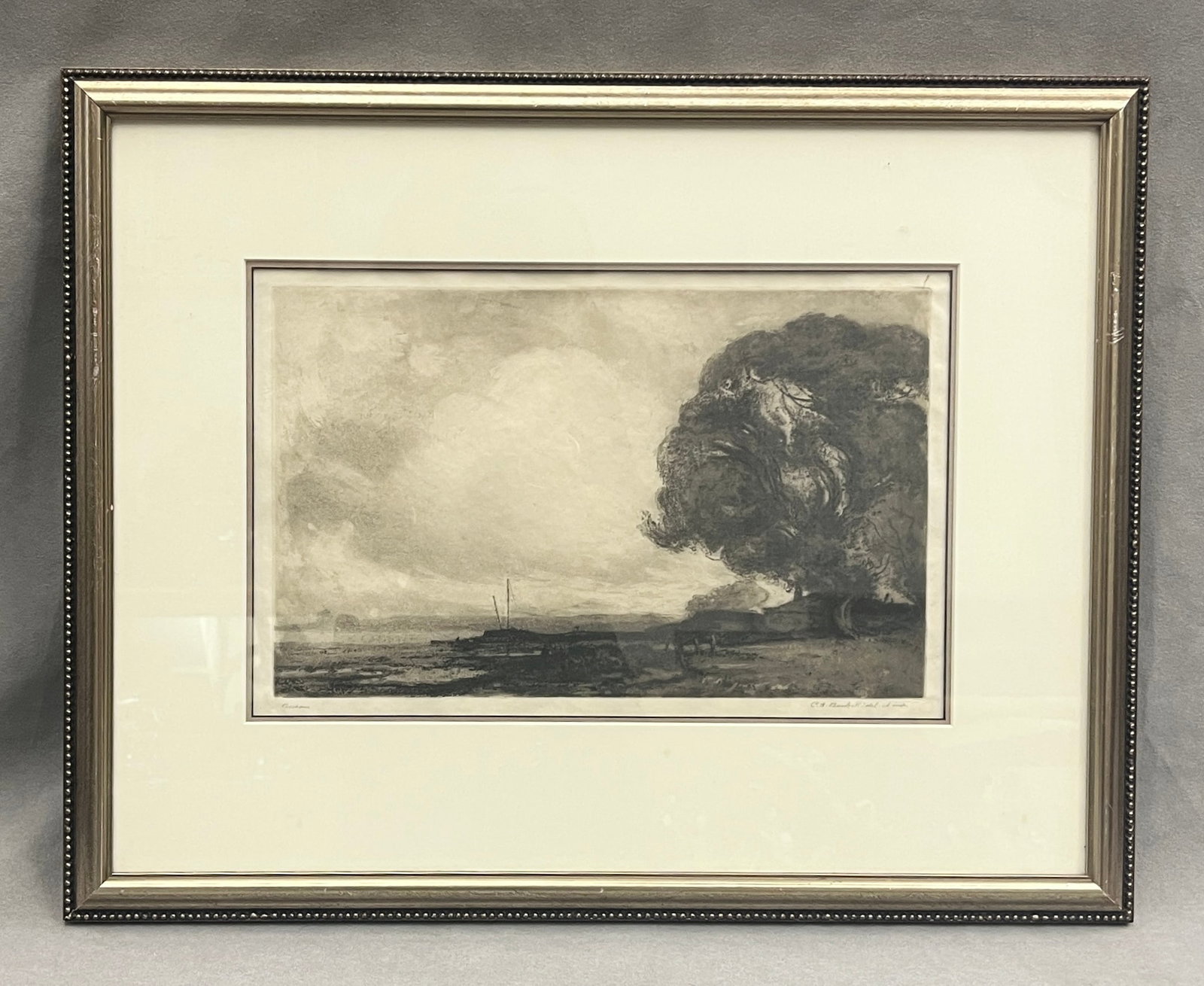 CHARLES HENRY BASKETT (British, 1872 -1953). Bosham, Etching, Sight (as matted): 7 x 10.25 inches;: CHARLES HENRY BASKETT British, 1872 -1953 Bosham Etching Inscriptions: Titled lower left "Bosham"; signed lower right "C.H. Baskett del. et sculp." An evocative atmospheric coastal landscape print dep