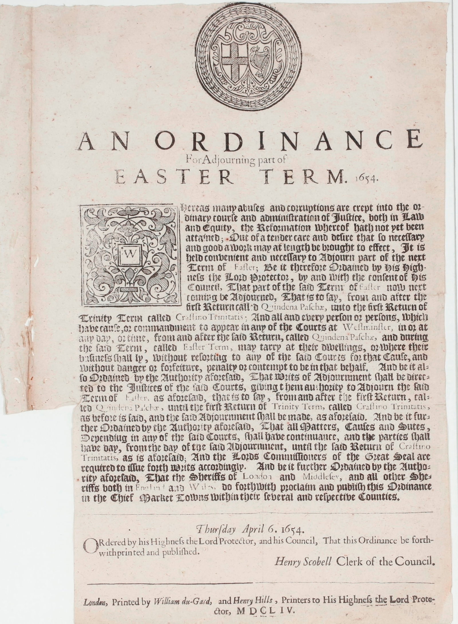 COMMONWEALTH ORDINANCE FOR ADJOURNING EASTER TERM, LONDON: ISSUED UNDER OLIVER CROMWELL'S (1 of 1)