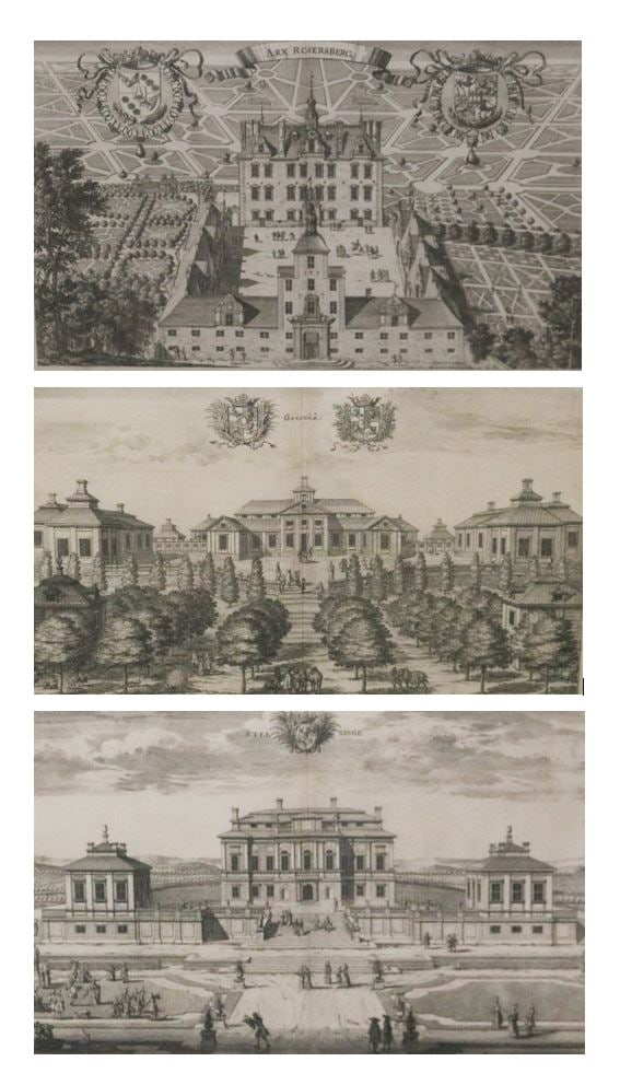 ENGRAVED VIEWS OF SWEDISH ROYAL AND NOBLE ESTATES: OSTANA, ROSERSBERG, AND STENINGE late 17th: ENGRAVED VIEWS OF SWEDISH ROYAL AND NOBLE ESTATES: OSTANA, ROSERSBERG, AND STENINGE late 17th century Baroque architectural engravings. The individually framed topographical prints illustrate three gr