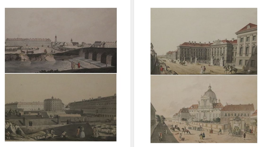 TOPOGRAPHICAL HAND-COLORED VIEWS VIENNESE PALACES, MONUMENTS, AND PUBLIC BUILDINGS late 18th century (1 of 16)