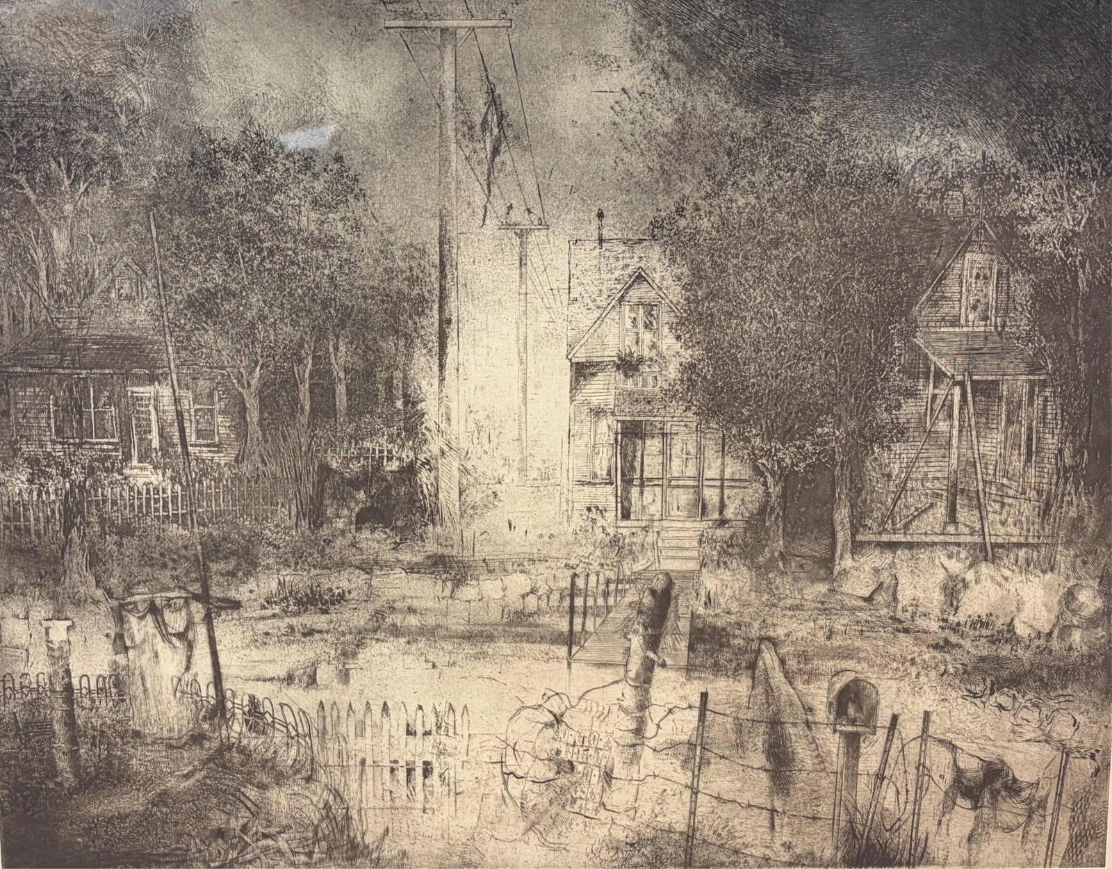 THOMAS D. EDWARDS (American, born 1948). Three Houses, 1978, Etching with spray paint aquatint, (1 of 12)