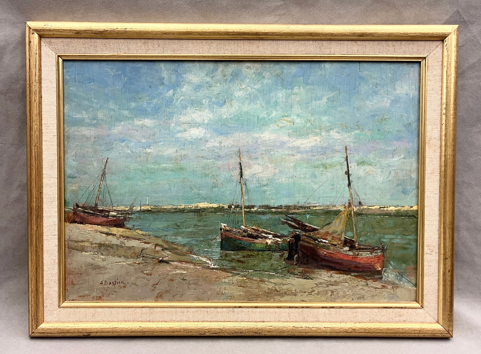 ALFRED BASTIEN (Belgian, 1873?1955). Coastal Landscape with Moored Fishing Boats, Oil on board, 15 x (1 of 5)