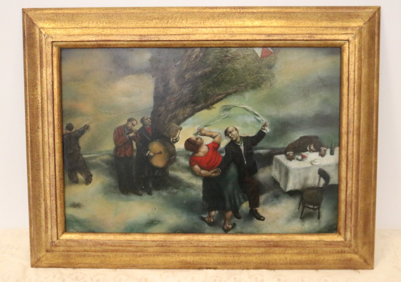 ALEXANDER (SHURA) PETROV (ATTRIBUTED) (Russian, born 1957). Prolonged Festivities, 1998, Oil on: ALEXANDER (SHURA) PETROV (ATTRIBUTED) Russian, born 1957 Prolonged Festivities, 1998 Oil on panel Unsigned. Rendered with narrative whimsy and figurative exaggeration, the artwork captures a lively ou