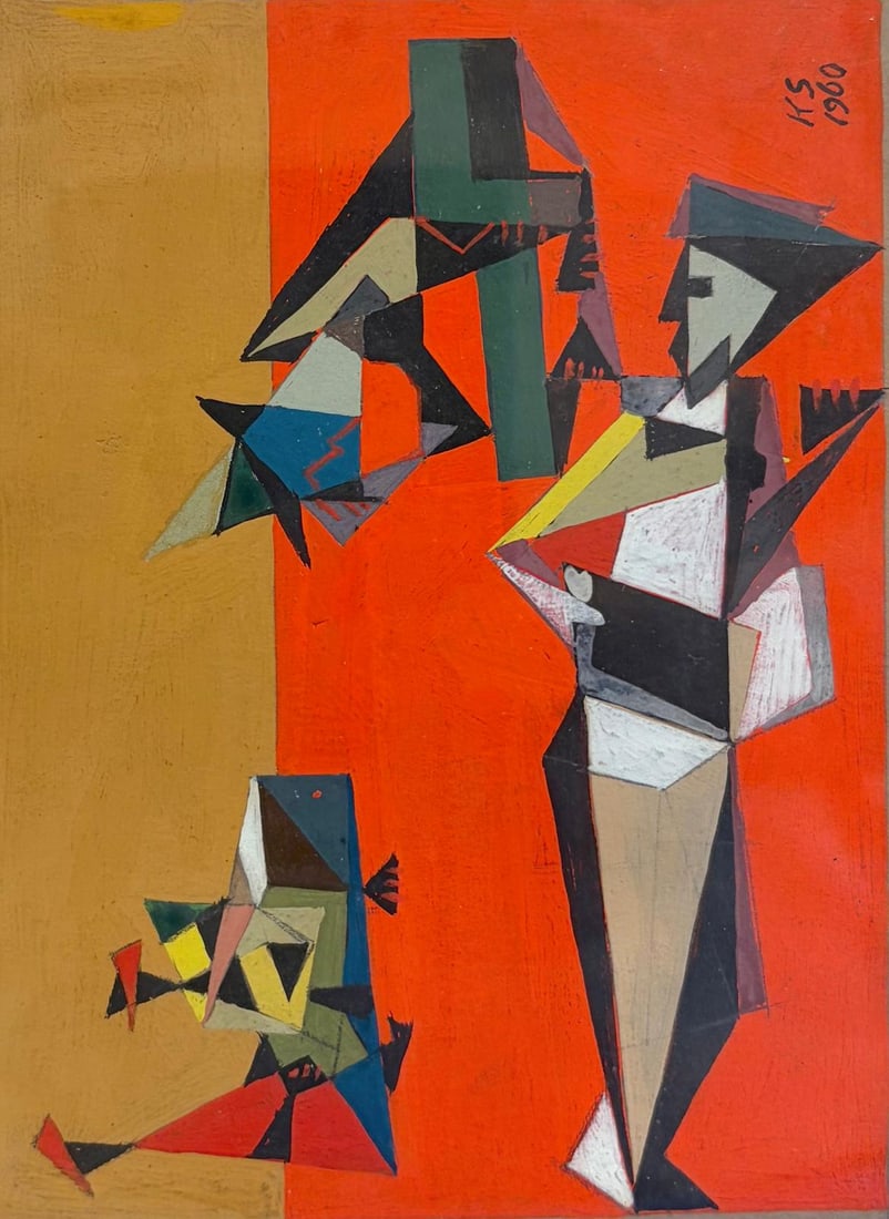 KENNETH STUBBS (American, 1907-1967). Cubist Composition with Figures, 1960, Casein on paper, 5.25 x: KENNETH STUBBS American, 1907-1967 Cubist Composition with Figures, 1960 Casein on paper Signed and dated "KS 1960" upper right. An example of Stubbs's mature Cubist idiom, this composition divides it