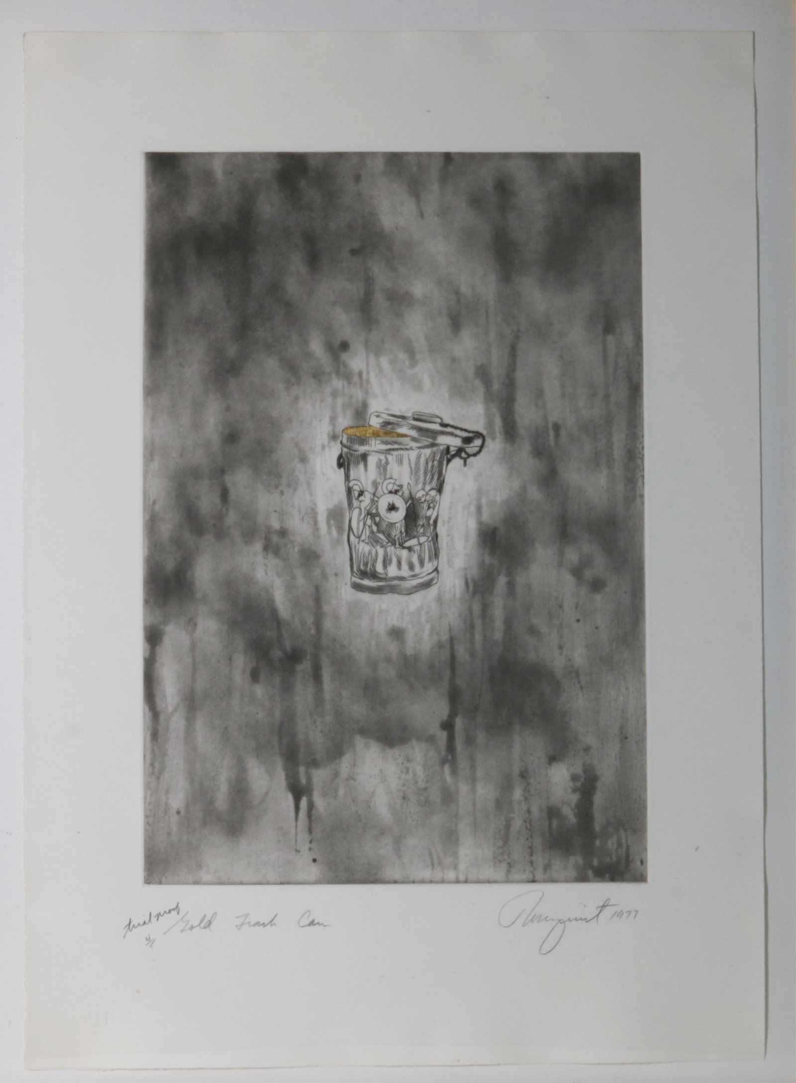 JAMES ROSENQUIST (American, 1933-2017). Gold Trash Can, 1977, Etching with aquatint and applied gold: JAMES ROSENQUIST American, 1933-2017 Gold Trash Can, 1977 Etching with aquatint and applied gold leaf on pape Trial proof 4/5; signed and dated lower right "Rosenquist 1977," pencil inscribed "trial p