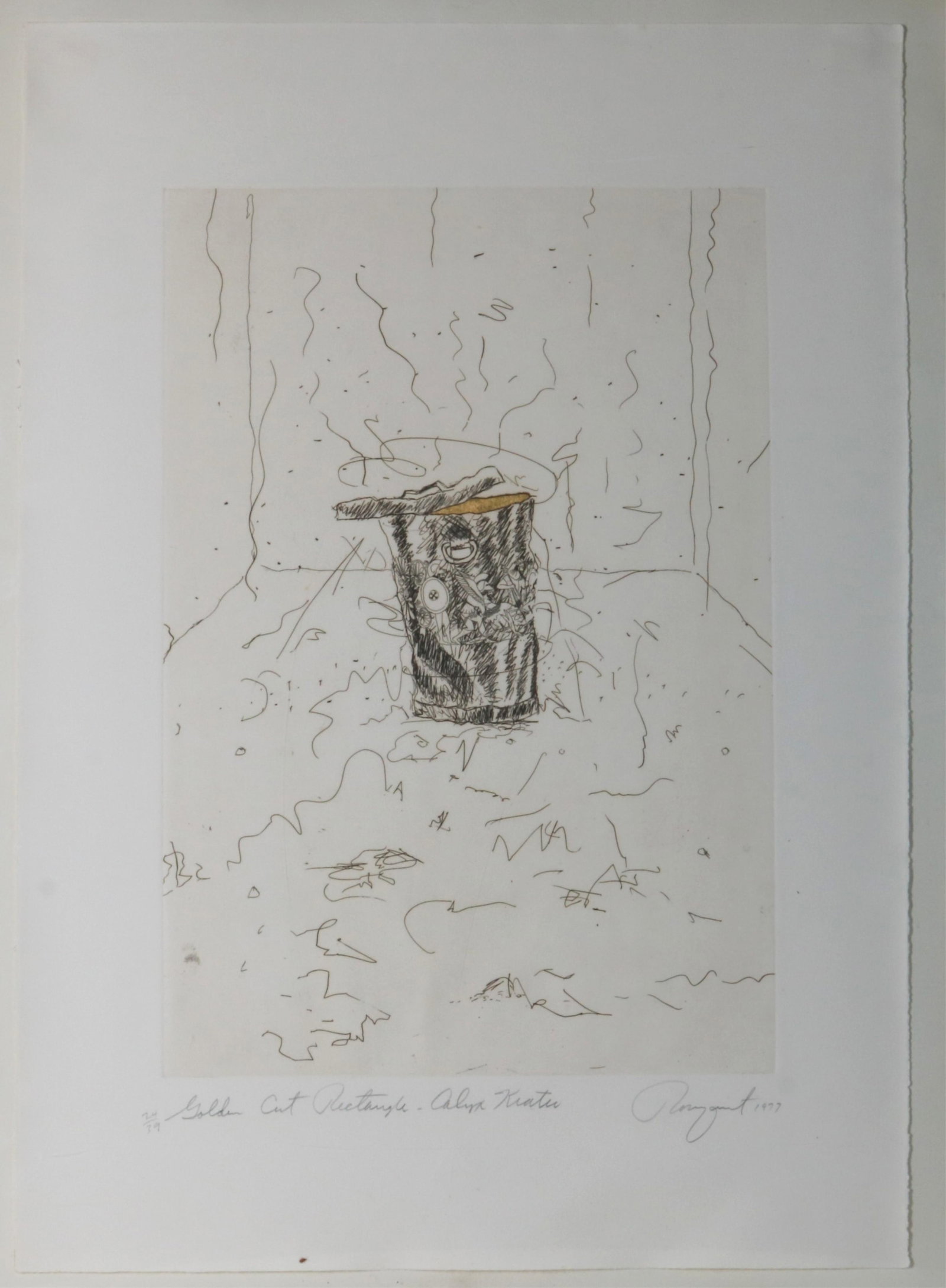 JAMES ROSENQUIST (American, 1933-2017). Golden Cut Rectangle ? Calyx Krater, 1977, Etching with: JAMES ROSENQUIST American, 1933-2017 Golden Cut Rectangle ? Calyx Krater, 1977 Etching with applied gold leaf on paper Numbered 24 from a limited edition of 39; pencil signed and dated lower right "Ro