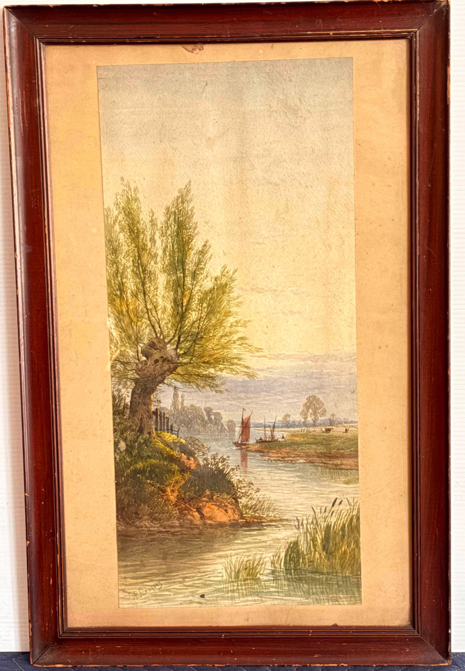 JASPER FRANCIS CROPSEY (American, 1823 -- 1900). Evening on the River, Watercolor, 20.5 x 9.5 inches: JASPER FRANCIS CROPSEY American, 1823 -- 1900 Evening on the River Watercolor Artwork that depicts a tranquil riverside landscape at dusk, with a gnarled willow tree anchoring a rocky, grassy bank in 