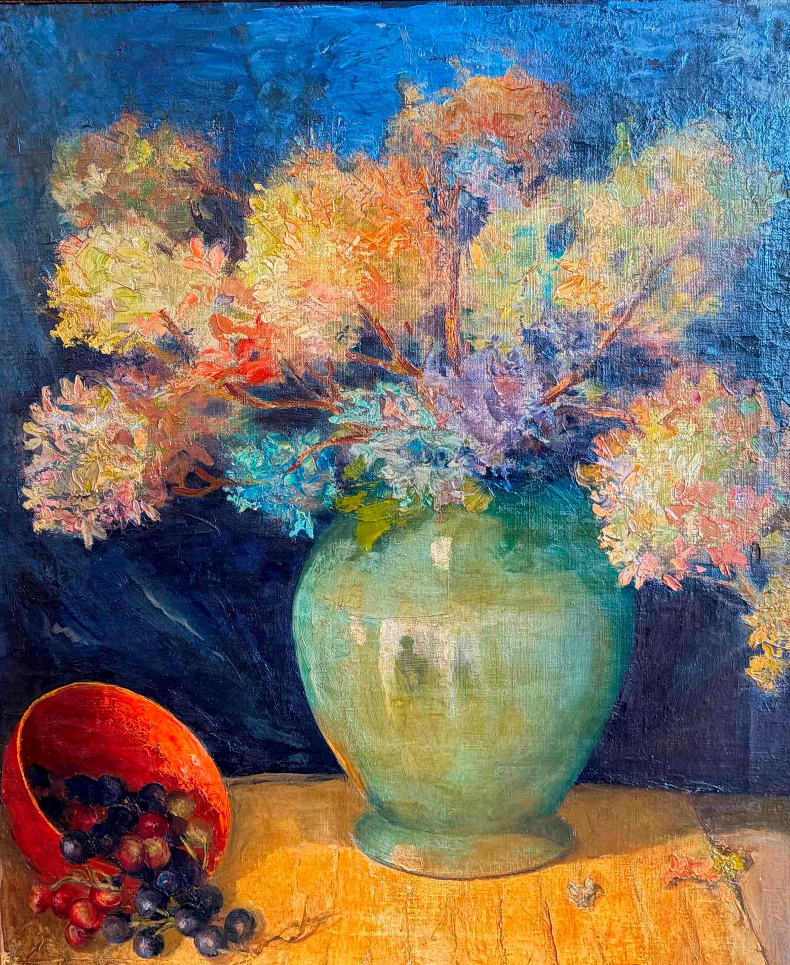 EMIL CARLSEN (Danish / American, 1853-1932). Still Life with Hydrangeas and Grapes, Oil on canvas,: EMIL CARLSEN Danish / American, 1853-1932 Still Life with Hydrangeas and Grapes Oil on canvas A vibrant post-impressionist oil still life depicts a large, bulbous green ceramic vase overflowing with a