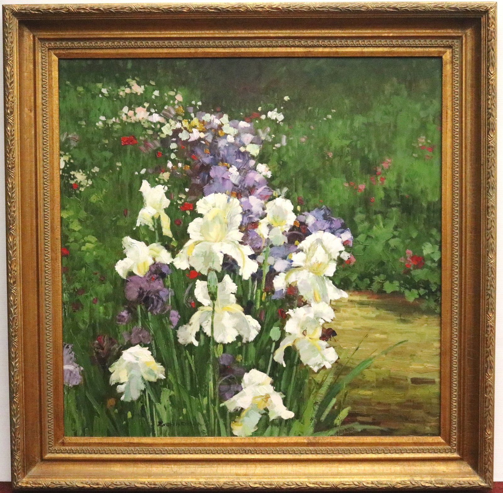 ROLAND RICHARDSON (St. Martin, born 1944). Garden Path with White and Purple Irises, Oil on canvas,: ROLAND RICHARDSON St. Martin, born 1944 Garden Path with White and Purple Irises Oil on canvas Signed RICHARDSON lower left. Artwork rendered in a lush Impressionist style with expressive brushwork, t
