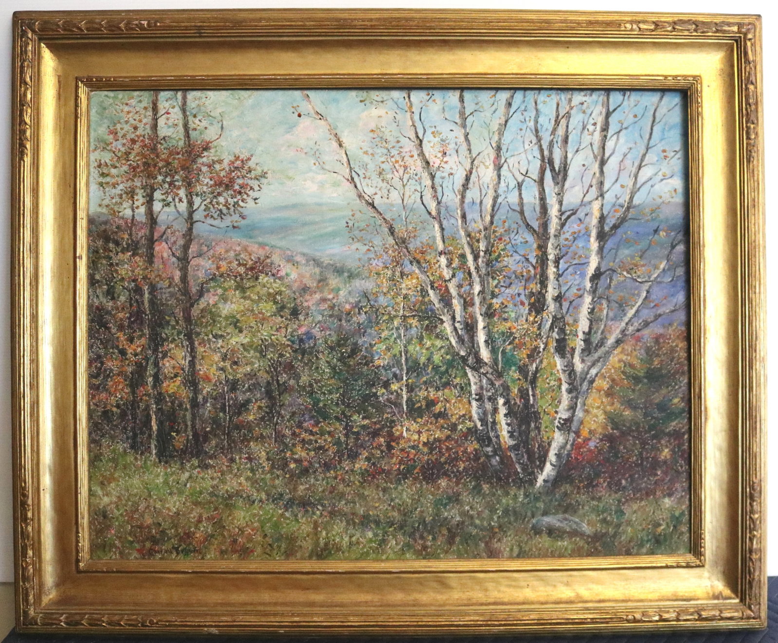 CARROLL BUTLER BROWN (American, 1868 - 1923). Birches in Autumn, Oil on canvas., 25 x 32 inches;: CARROLL BUTLER BROWN American, 1868 - 1923 Birches in Autumn Oil on canvas. Signed lower left. Impressionist painting depicting a hillside overlook framed by slender white birch trunks and autumn foli