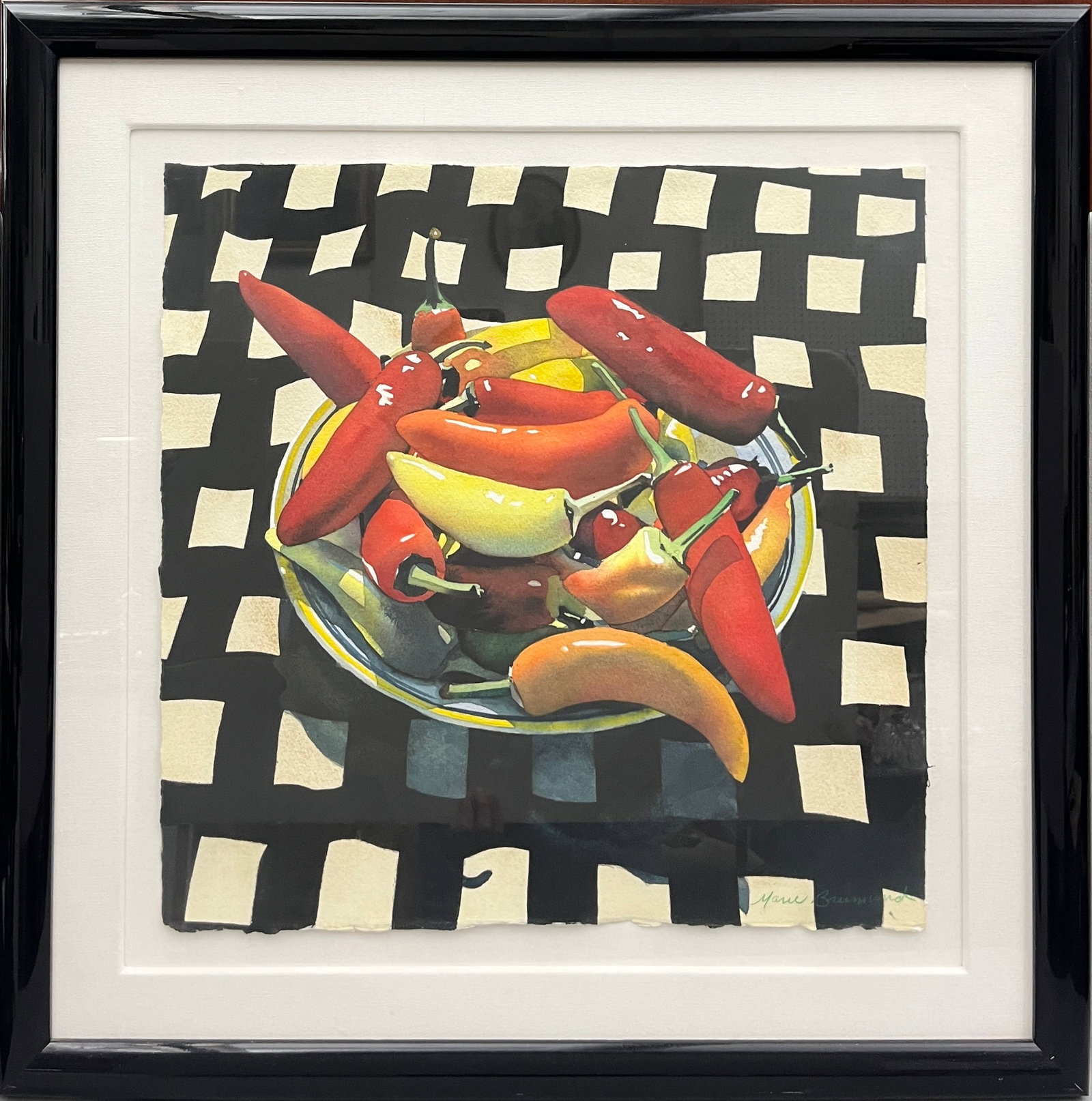 MARIE BRUMUND (American, born 1948). Still Life of Chili Peppers on a Checkered Ground, Watercolor,: MARIE BRUMUND American, born 1948 Still Life of Chili Peppers on a Checkered Ground Watercolor Signed lower right. Vibrant watercolor still life depicting a plate heaped with red, orange, and yellow c