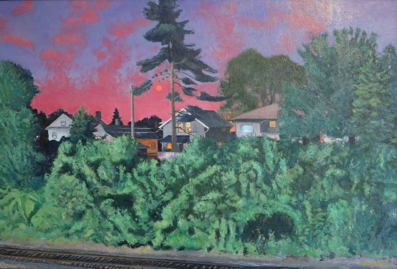 DAVID E. ALLEN (American, 20th century). Twilight over the Neighborhood, Oil on canvas, 24 x 36: DAVID E. ALLEN American, 20th century Twilight over the Neighborhood Oil on canvas Signed lower right. Contemporary oil painting depicting a suburban scene at dusk, with lit windows glowing among roof