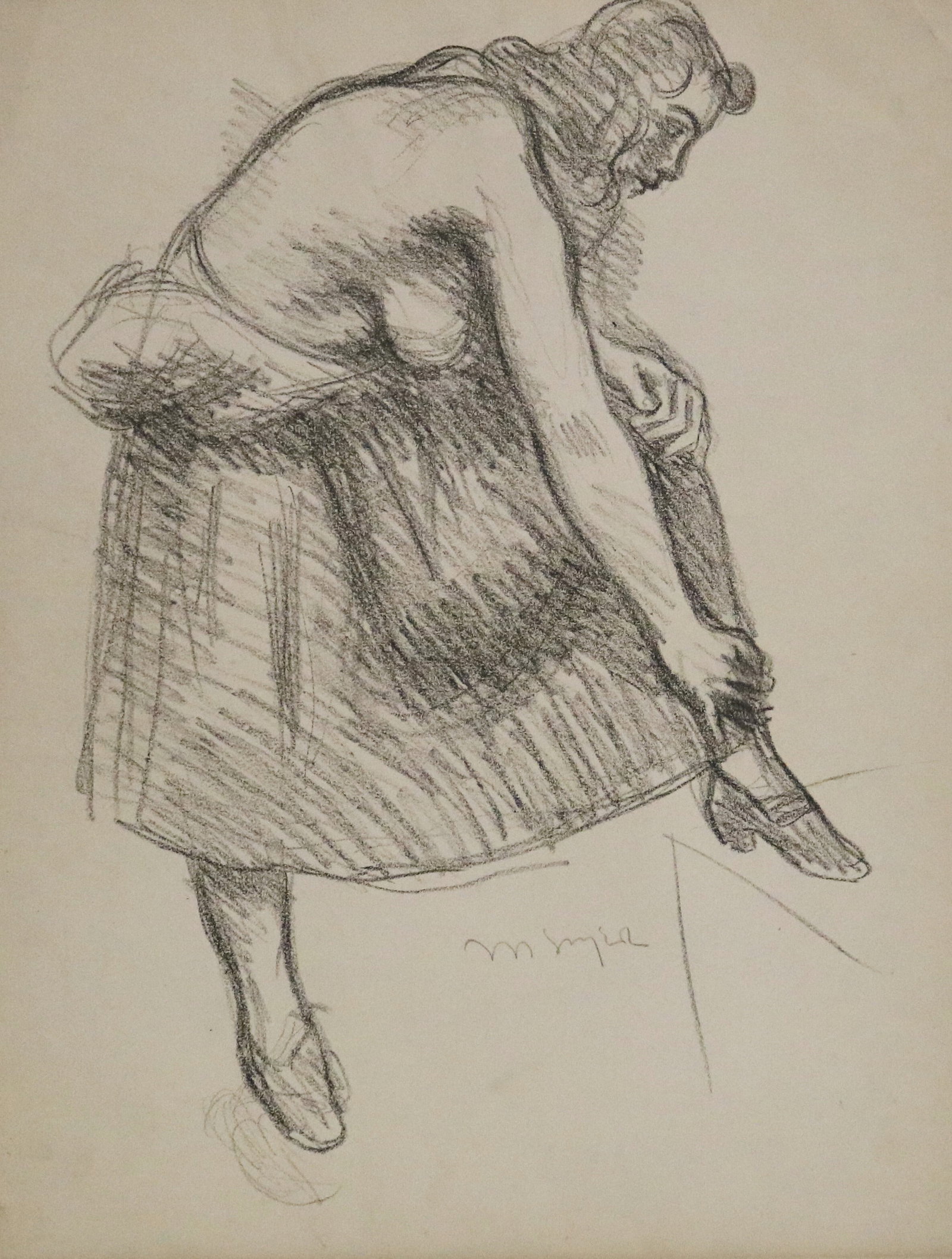 MOSES SOYER (American, 1899-1974). Standing Woman, Charcoal on paper, Sight (as matted): 18.25 x: MOSES SOYER American, 1899-1974 Standing Woman Charcoal on paper Signed lower right. A charcoal figure study of a young woman bending forward as she adjusts her stocking or shoe. Framed. Sight (as mat