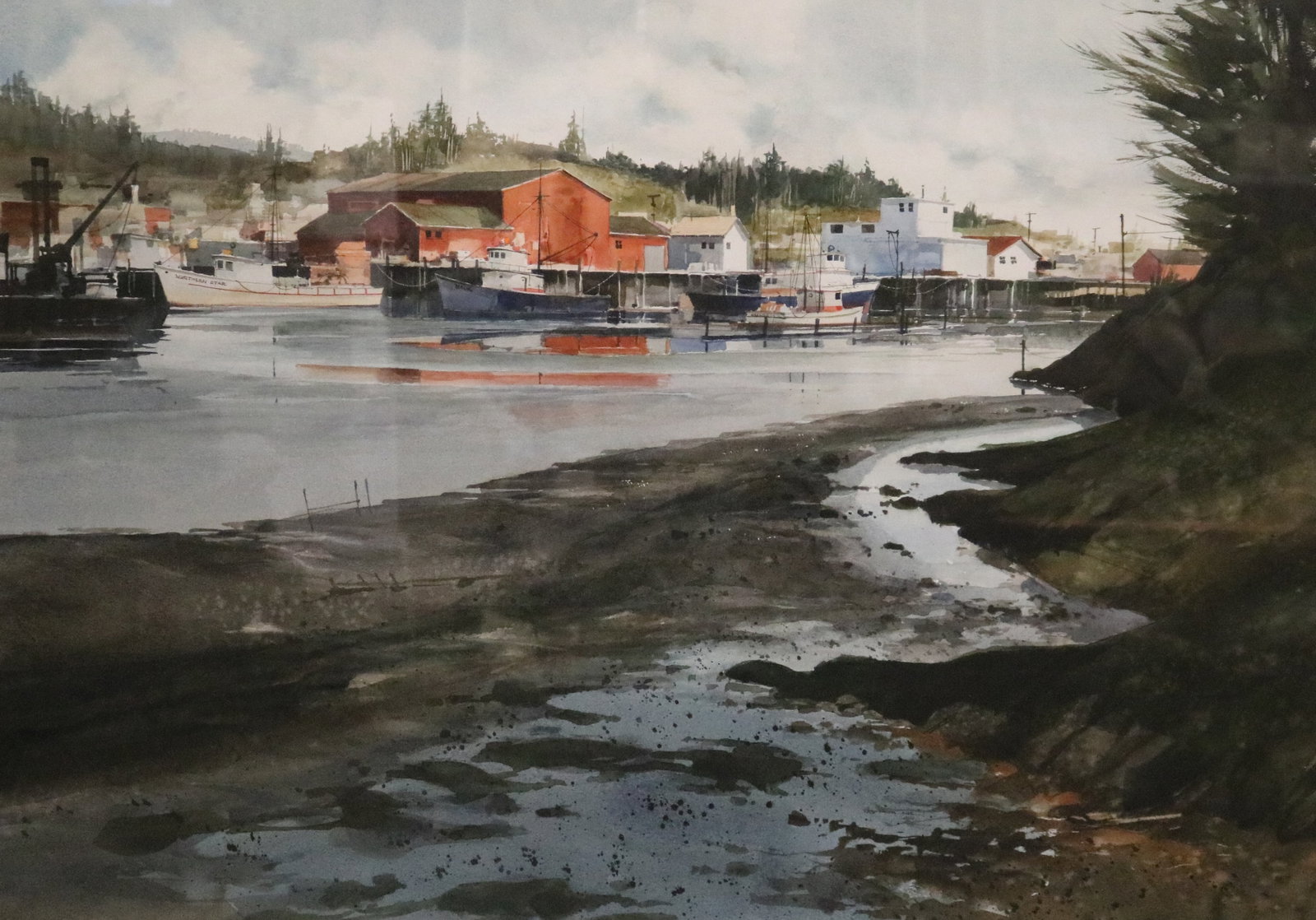 RITCHIE ALLEN BENSEN (American, 1941-1996). Low Tide at the Fishing Harbor, Watercolor, Sight (as: RITCHIE ALLEN BENSEN American, 1941-1996 Low Tide at the Fishing Harbor Watercolor Signed lower right. Watercolor depicting a fishing harbor at low tide, with weathered red canneries and moored fishin