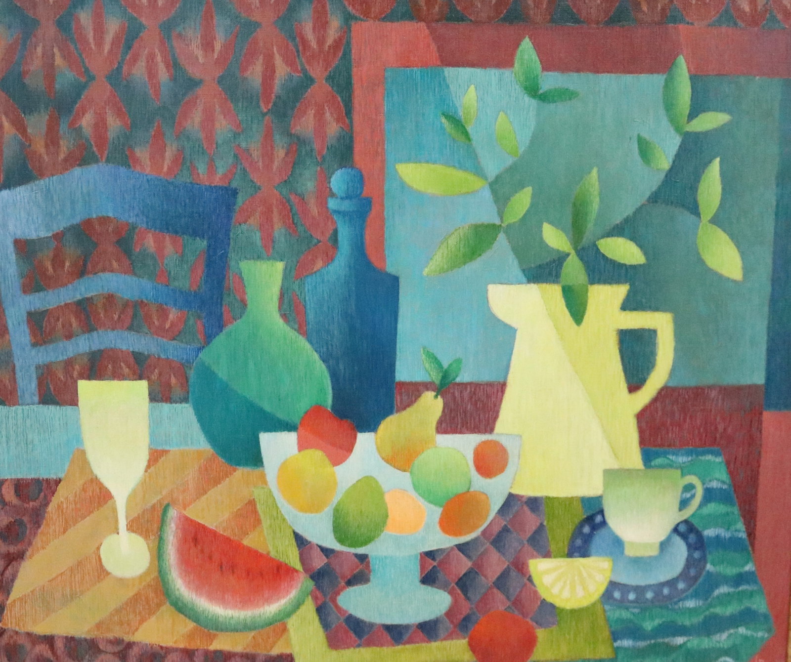 LEAH PARKS (20th century). Tapestry: Interior Still Life with Watermelon and Yellow Pitcher, 1994, (1 of 10)