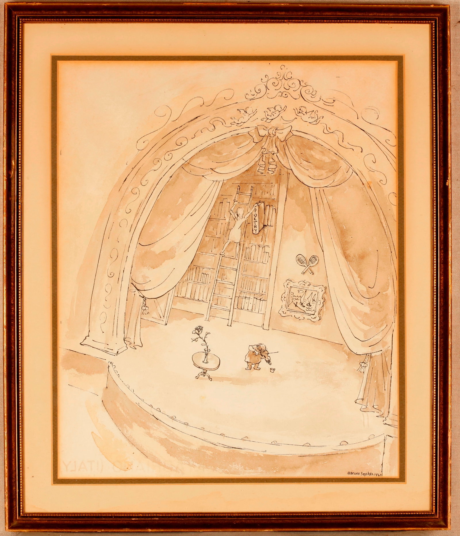 AARON SOPHER (American, 1905?1972). All the World's a Stage, 1965, Signed Sepia Wash Drawing, Sight: AARON SOPHER American, 1905?1972 All the World's a Stage, 1965 Signed Sepia Wash Drawing Sepia pen-and-wash drawing depicts a theatrical stage scene viewed through an ornately scrolled proscenium arch
