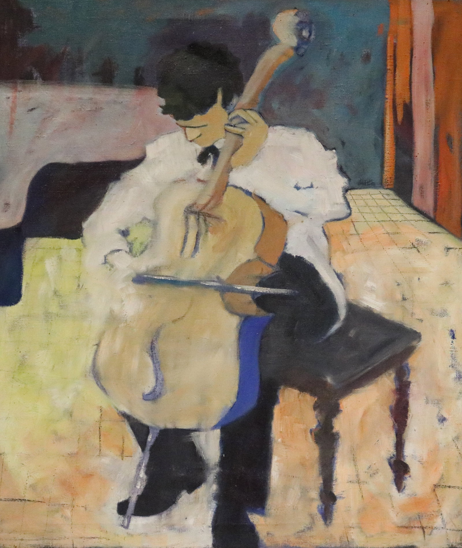 AMERICAN SCHOOL (20th century). Musician in a Checkered Room, Oil on canvas, 32 x 28 inches: AMERICAN SCHOOL 20th century Musician in a Checkered Room Oil on canvas, Unsigned. Unframed. An expressive, semi-abstract oil painting portraying a seated cellist absorbed in play, rendered in bold pl