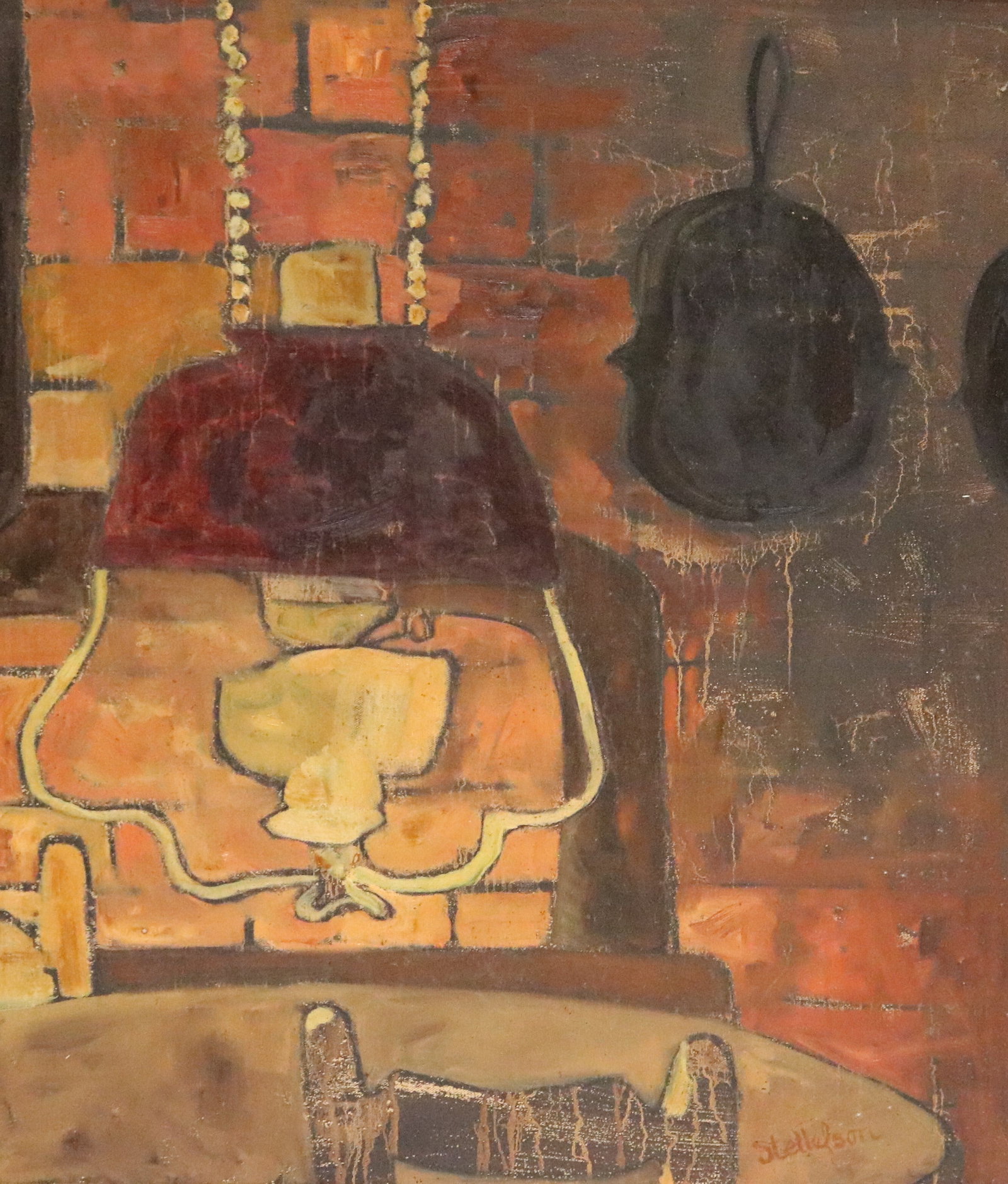 SADIE PENZATO STELLEFSON (American, 1920s?2024). Kitchen Still Life, Oil on canvas, 27 x 23 inches: SADIE PENZATO STELLEFSON American, 1920s?2024 Kitchen Still Life Oil on canvas Still life rendered in a warm palette of brick red, ochre, and burnt umber, depicting a table lamp with a dark shade besi