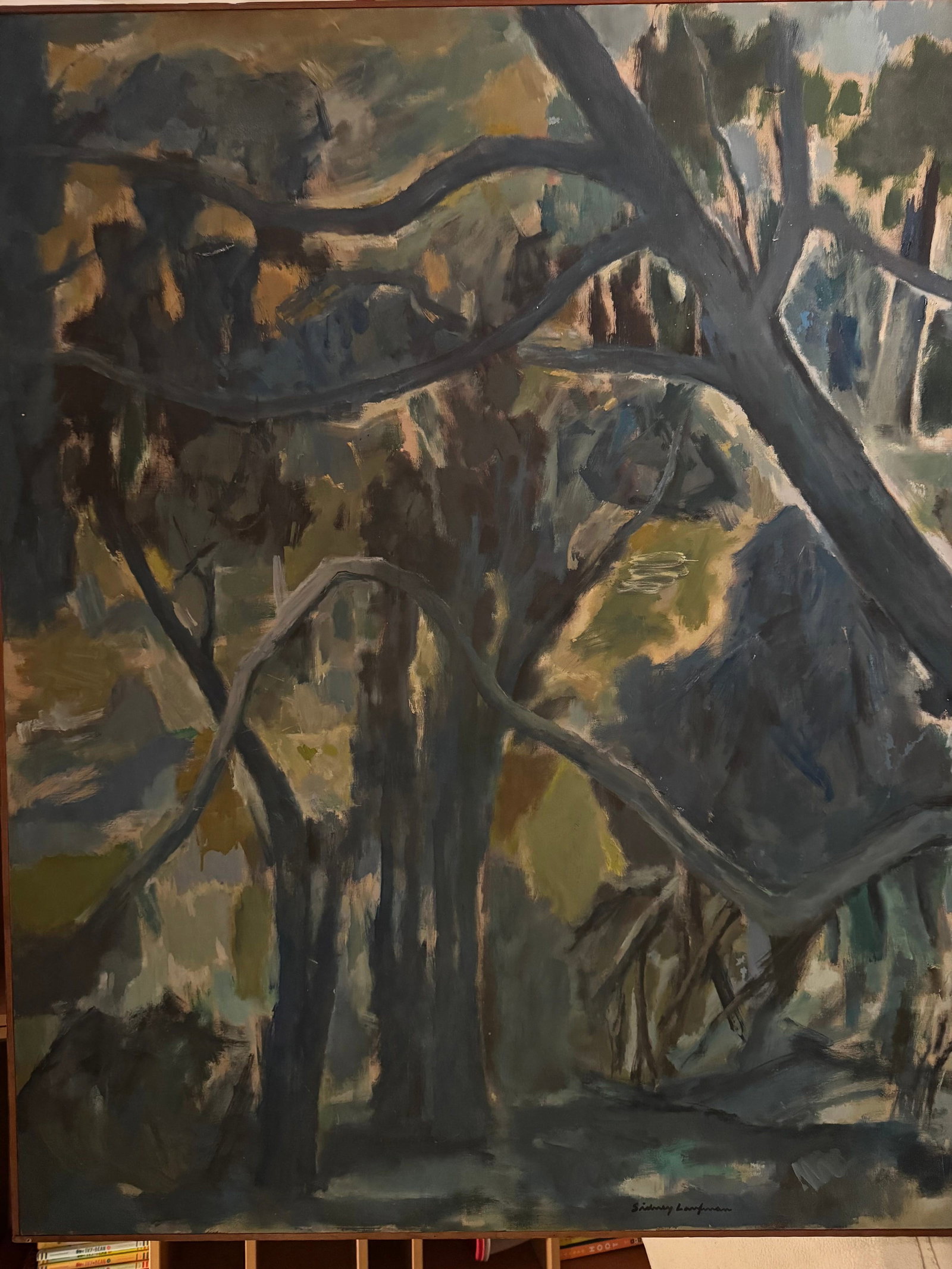 SIDNEY LAUFMAN (American, 1891?1985). Woodland Interior with Sweeping Branches, circa 1963, Oil on: SIDNEY LAUFMAN American, 1891?1985 Woodland Interior with Sweeping Branches, circa 1963 Oil on canvas (for restoration) Signed lower right. A densely worked oil landscape depicting the interior of a w