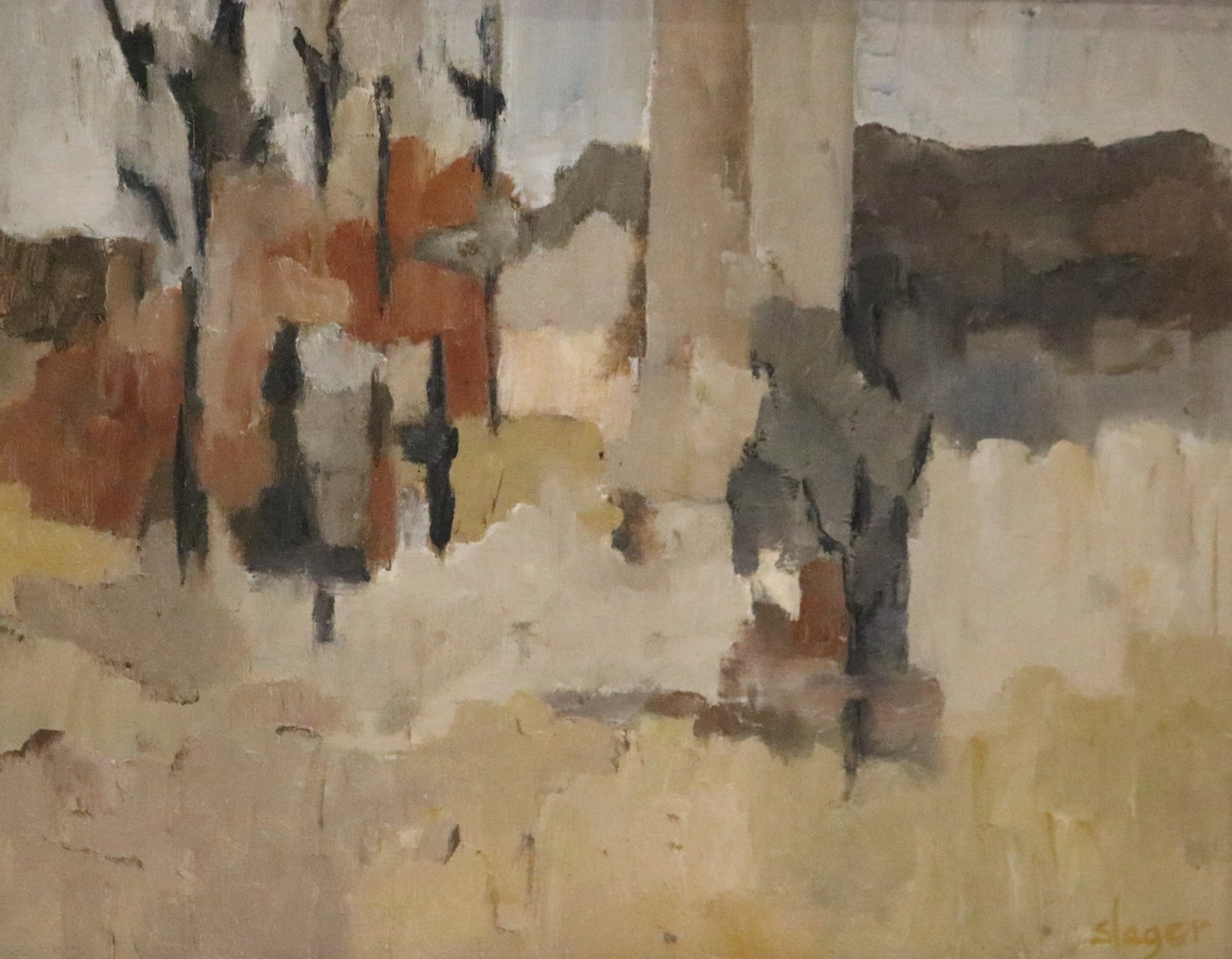 AMERICAN SCHOOL (Mid-20th Century). Abstracted Landscape in Ochre and Rust, Oil on board, 18 x 24 (1 of 9)