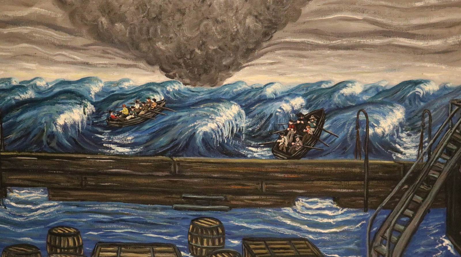 AMERICAN SCHOOL (mid-20th century). The Storm (modernist war allegory and an homage to refugees),: AMERICAN SCHOOL mid-20th century The Storm (modernist war allegory and an homage to refugees) Oil on canvas A dramatic narrative marine painting depicting two crews of figures rowing longboats through