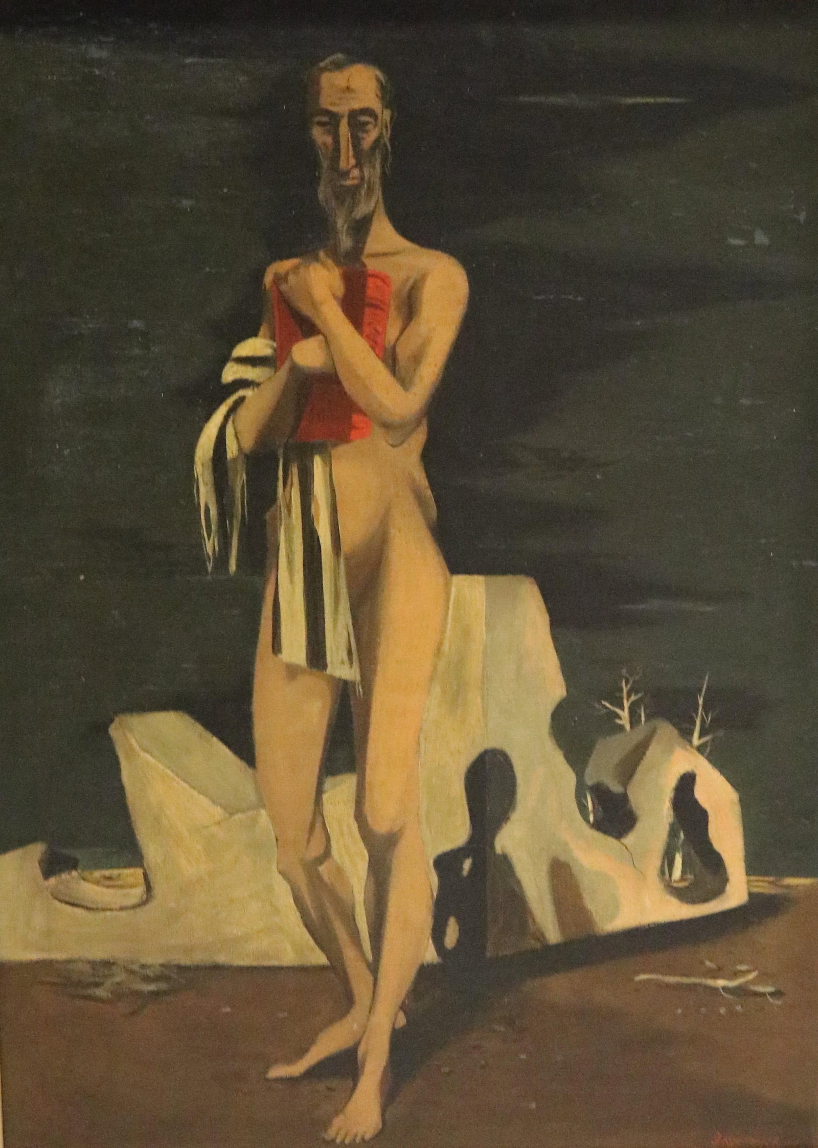 ANTON REFREGIER (Russian / American, 1905-1079). Let my People Go, 1940, Oil on canvas, 32 x 24: ANTON REFREGIER Russian / American, 1905-1079 Let my People Go, 1940 Oil on canvas Surrealist oil painting of an elderly, bearded nude figure clutching a red book against his chest, standing barefoot 