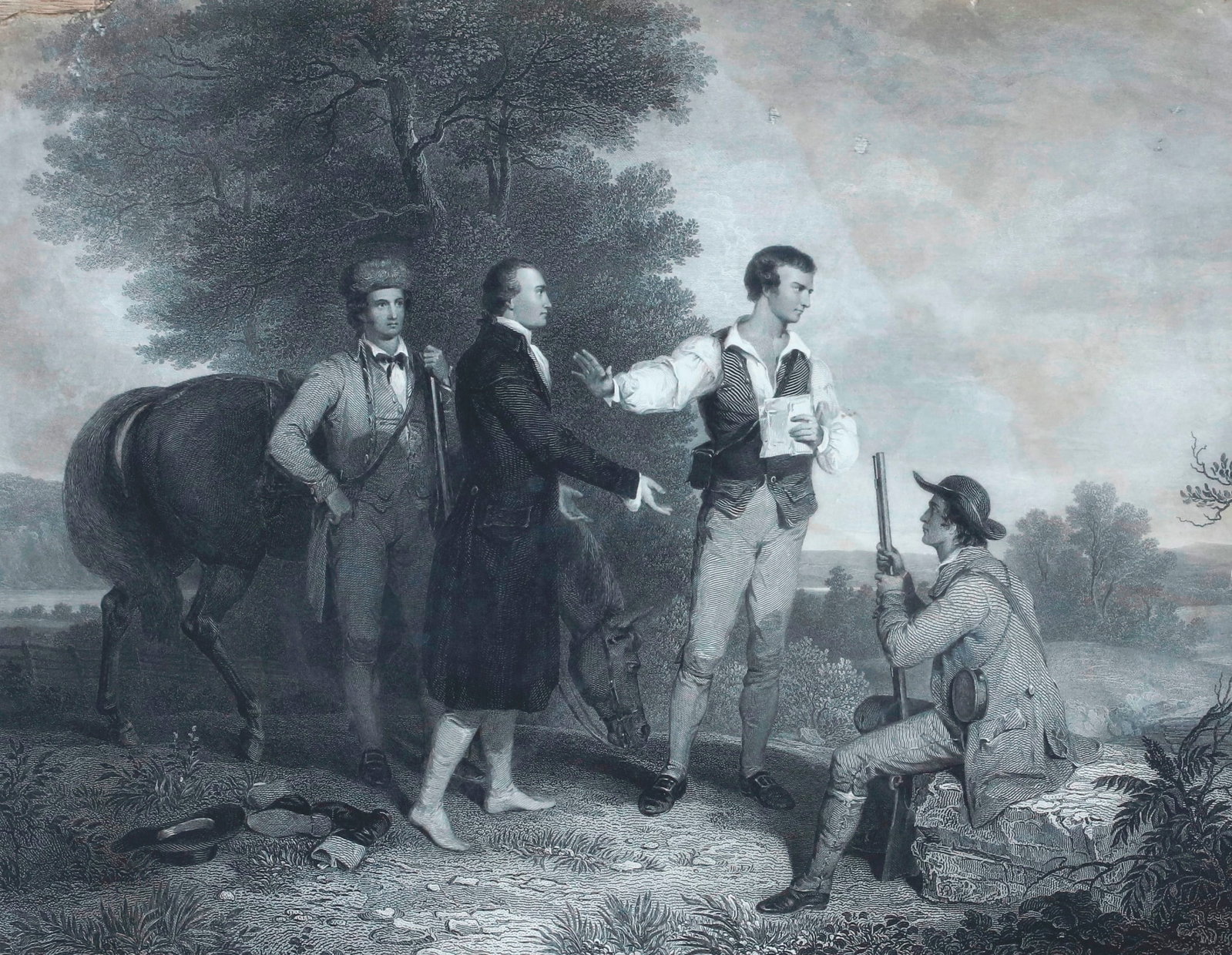 ASHER BROWN DURAND (AMERICAN, 1796?1886) "THE CAPTURE OF MAJOR ANDRE," CIRCA 1846 19th century -: ASHER BROWN DURAND (AMERICAN, 1796?1886) "THE CAPTURE OF MAJOR ANDRE," CIRCA 1846 19th century NOTE: engraving shows evidence of repair and has likely been cut down from its original size. Mid-19th-ce
