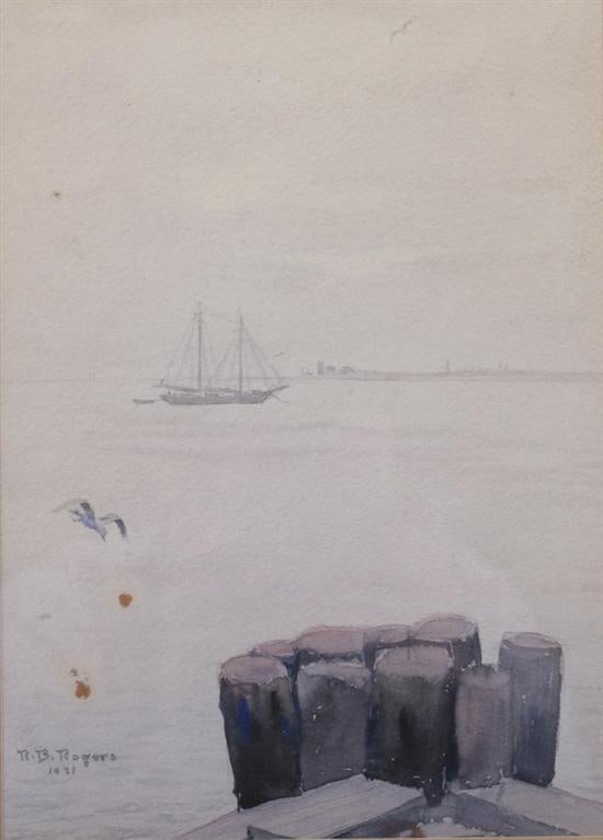 ROBERT BRUCE ROGERS (American, b. 1907). SHIP IN THE HARBOR, Watercolor on paper, sight:11 1/4 in. x (1 of 1)