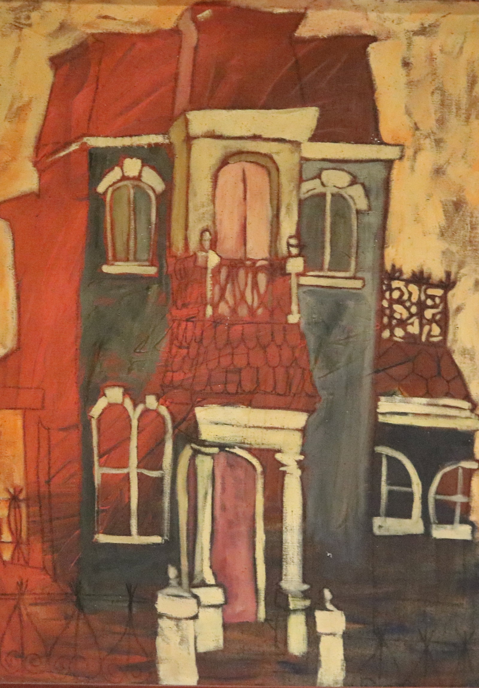 SADIE PENZATO STELLEFSON (American, 1931 - 2024). House on Montgomery Street, Mixed media on canvas,: SADIE PENZATO STELLEFSON American, 1931 - 2024 House on Montgomery Street Mixed media on canvas Architectural painting rendered in warm ochre, terracotta, and slate tones, depicting a townhouse facade