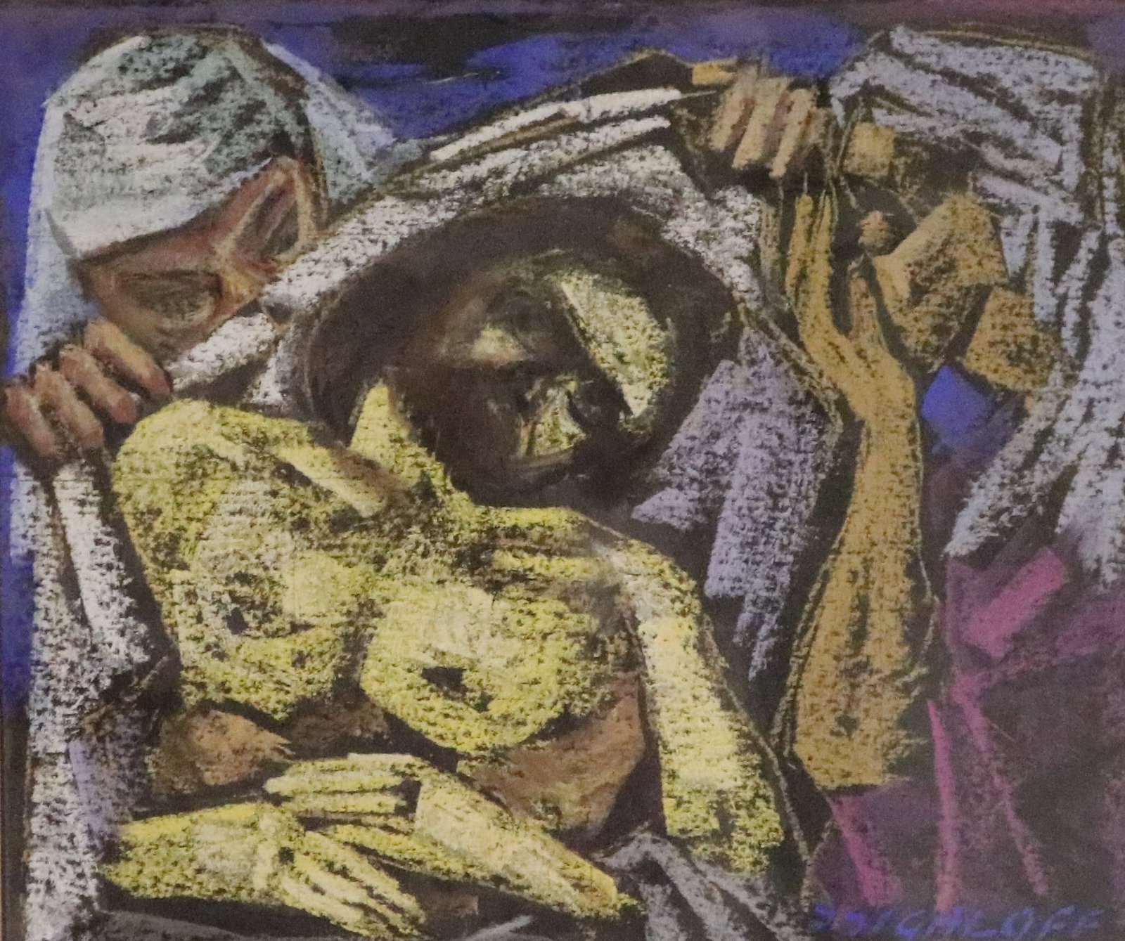 SAMUEL SIGALOFF (American, 1895?1987). Lamentation, Pastel on paper., Sight (as matted): 10 x 12: SAMUEL SIGALOFF American, 1895?1987 Lamentation Pastel on paper. Signed lower right. An emotionally charged expressionist pastel depicting two draped, shrouded figures cradling a nude, ochre-toned for