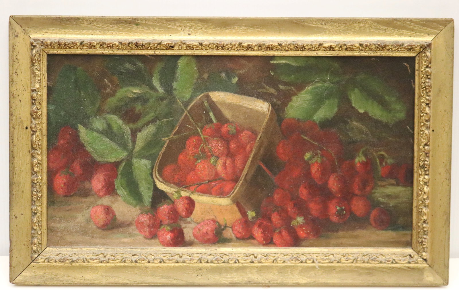 AMERICAN SCHOOL (19th century). Still Life with Strawberries in a Basket, Oil on board., 9.5 x 18.5 (1 of 11)