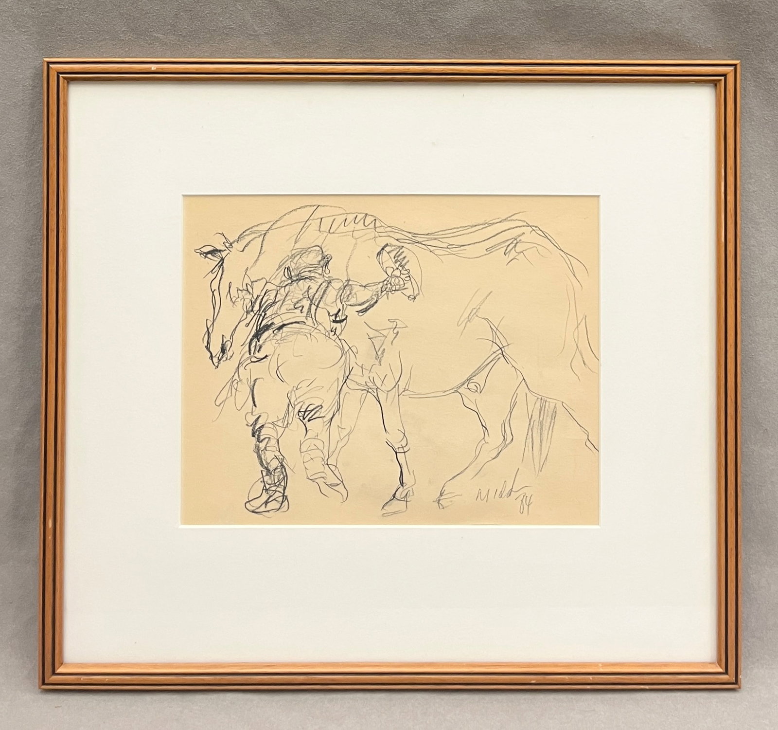AMERICAN SCHOOL (20th century). Study of a Groom and Draft Horse, 1984, graphite, Sight (as matted):: AMERICAN SCHOOL 20th century Study of a Groom and Draft Horse, 1984 graphite Indecipherable signature (Mild? Midd?) lower right. Dated 1984. A loose, expressive sketch on toned paper depicting a groom