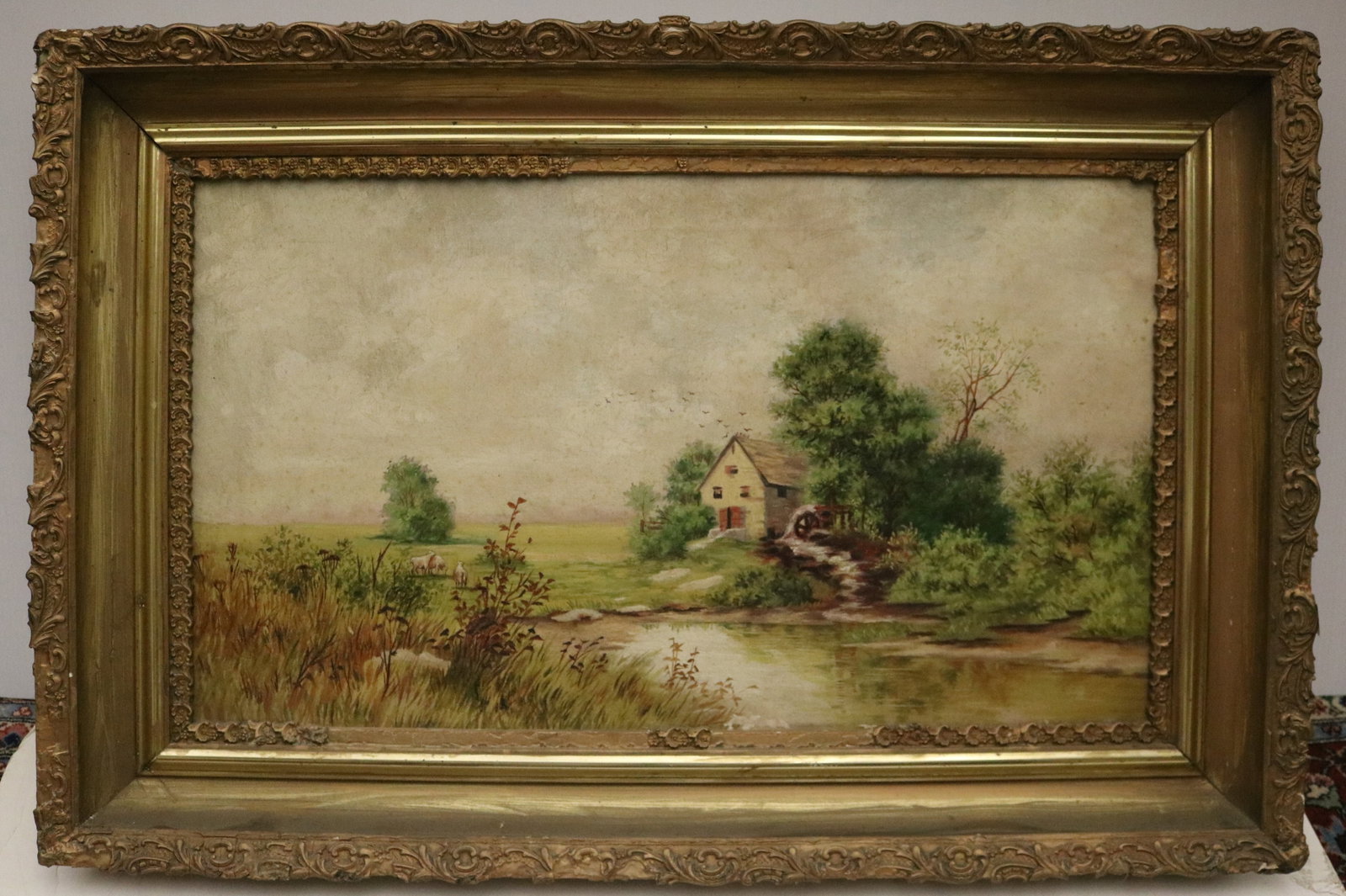 AMERICAN SCHOOL (19th / 20th century). The Old Watermill on the Pond, Oil on canvas.: AMERICAN SCHOOL 19th / 20th century The Old Watermill on the Pond Oil on canvas. Unsigned. Hudson River School-inspired style artwork of a tranquil landscape which depicts a stone watermill with an ov