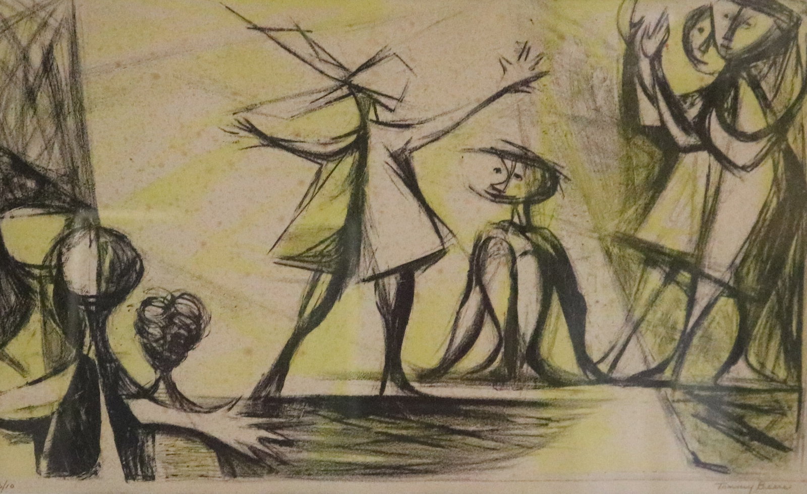 TOMMY BEERE (American, 1908-2001). Dancers in Yellow Light, Lithograph, Sight (as matted): 10.5 x: TOMMY BEERE American, 1908-2001 Dancers in Yellow Light Lithograph Limited edition lithograph numbered 2 of an edition of 10. Dynamic cubist-inspired lithograph rendering a cluster of angular, fractur